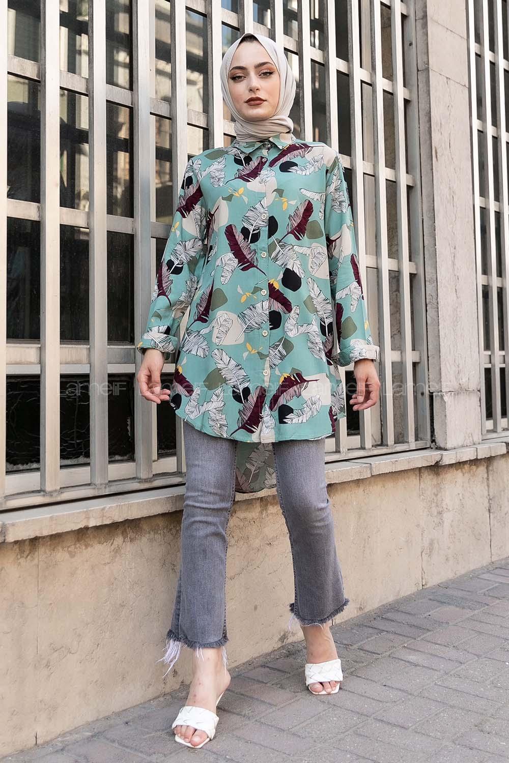 Modalamelif Önü Boydan Düğmeli Yaprak Desenli Gömlek Pastel Yeşili