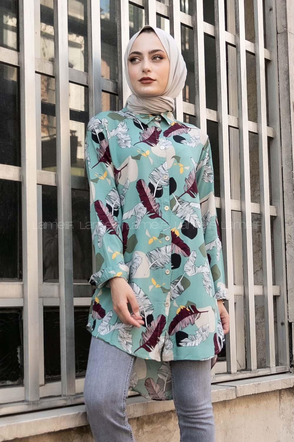Modalamelif Önü Boydan Düğmeli Yaprak Desenli Gömlek Pastel Yeşili