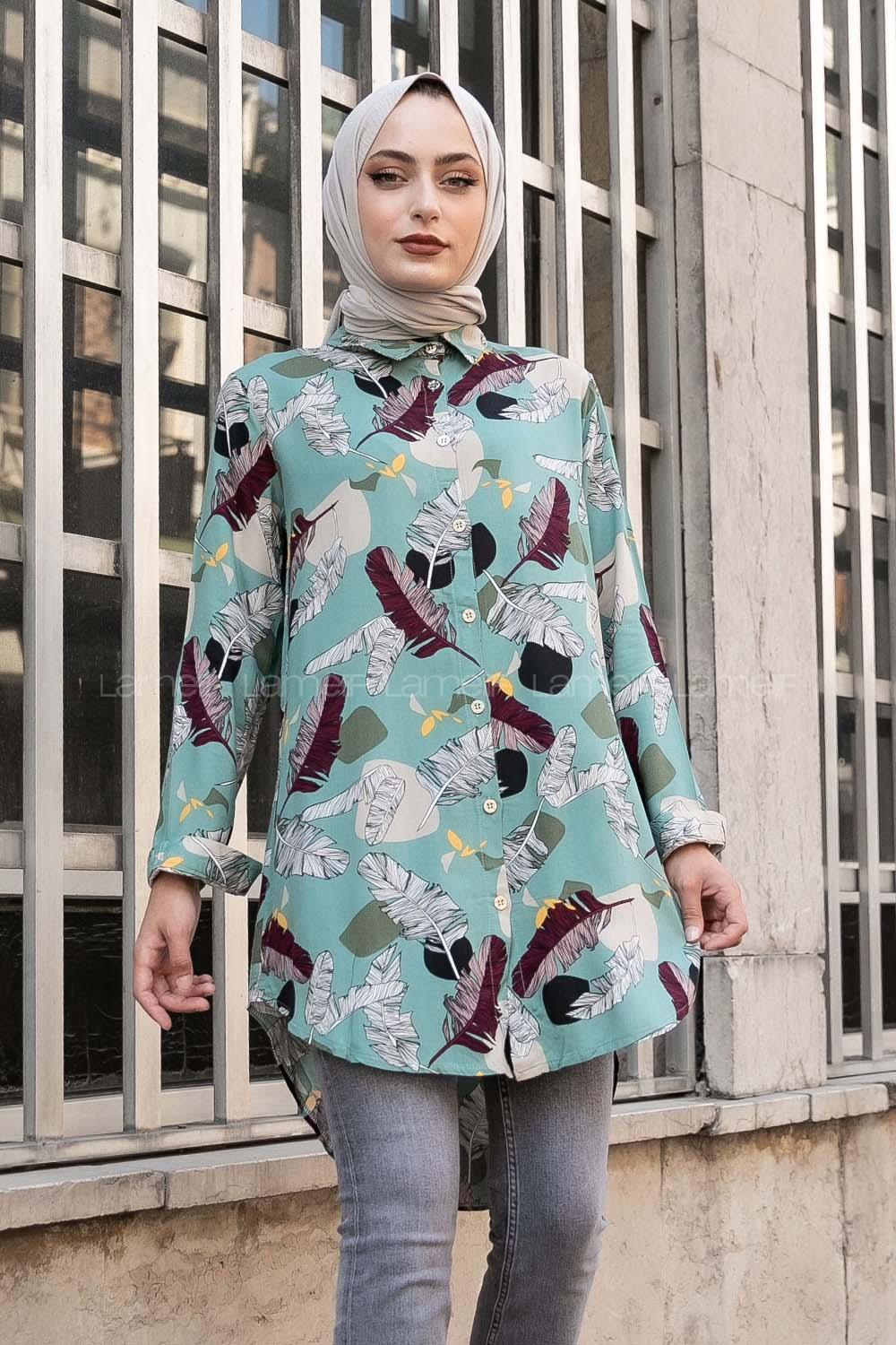 Modalamelif Önü Boydan Düğmeli Yaprak Desenli Gömlek Pastel Yeşili