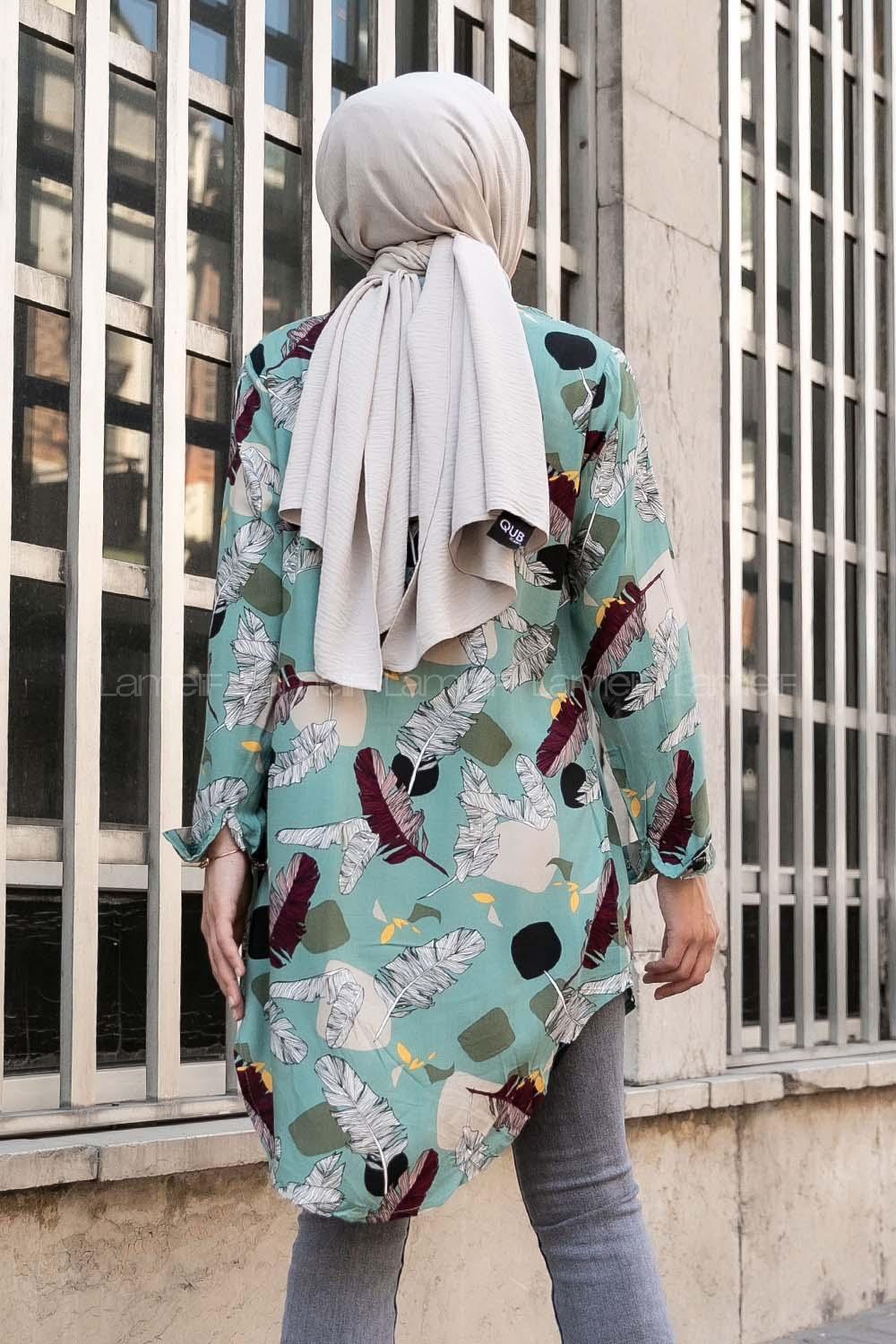 Modalamelif Önü Boydan Düğmeli Yaprak Desenli Gömlek Pastel Yeşili