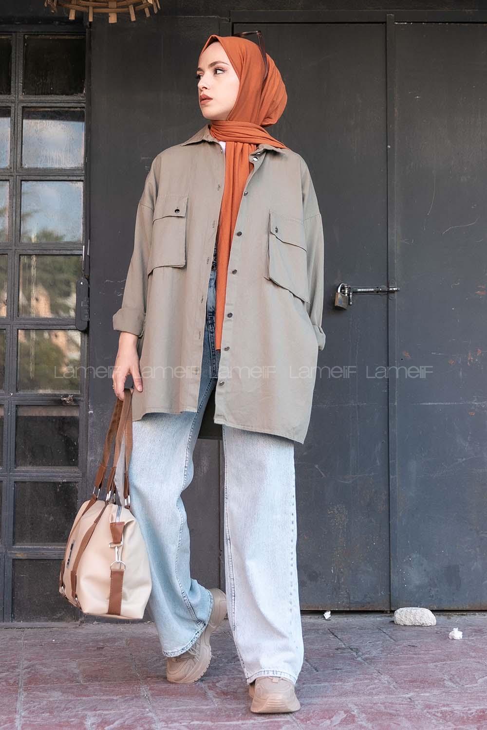 Modalamelif Önü Düğmeli Kapak Cepli Gabardin Gömlek Haki