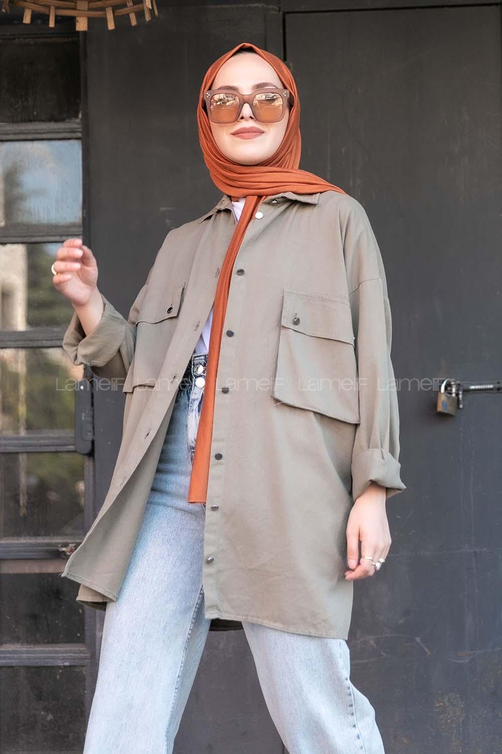 Modalamelif Önü Düğmeli Kapak Cepli Gabardin Gömlek Haki