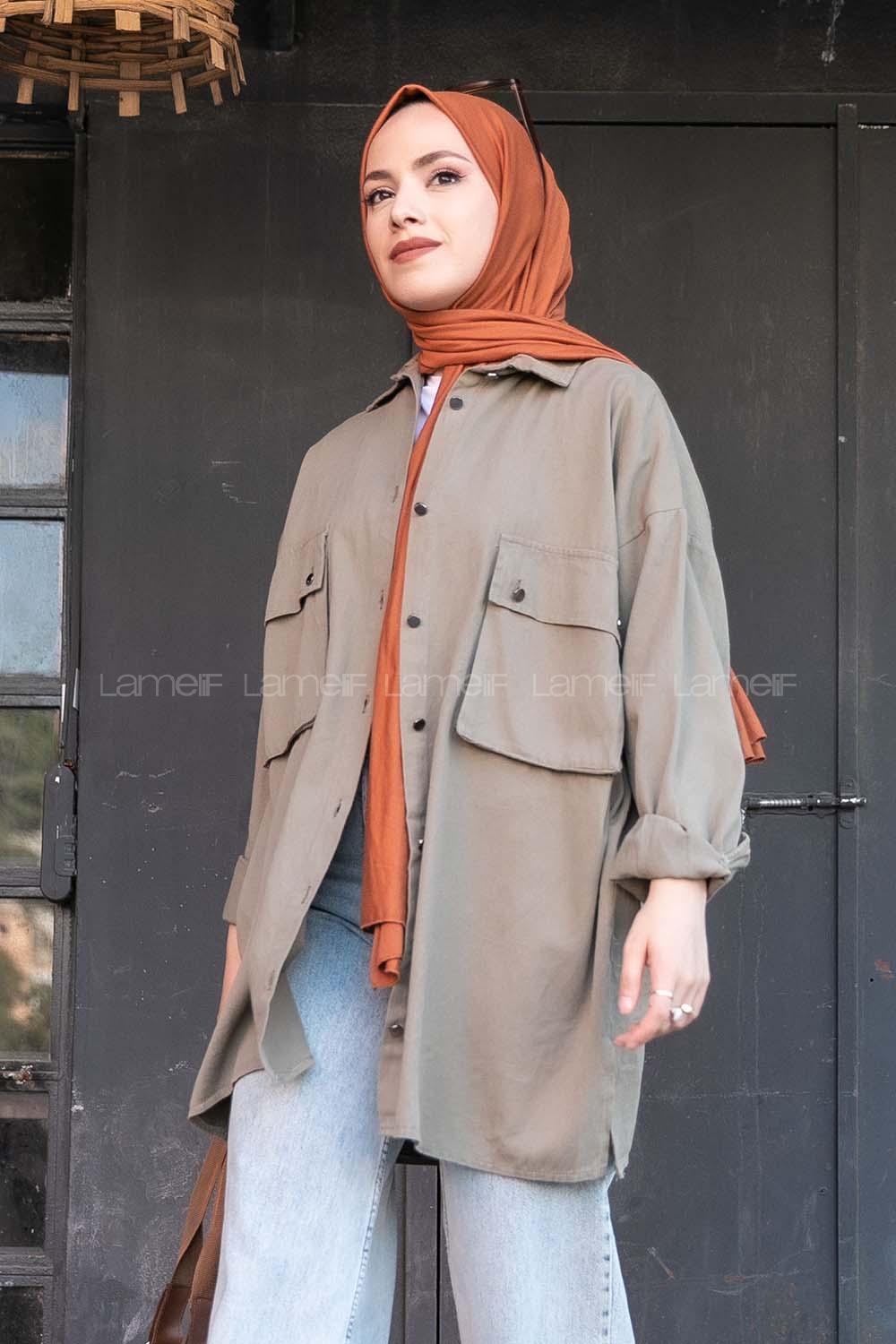 Modalamelif Önü Düğmeli Kapak Cepli Gabardin Gömlek Haki