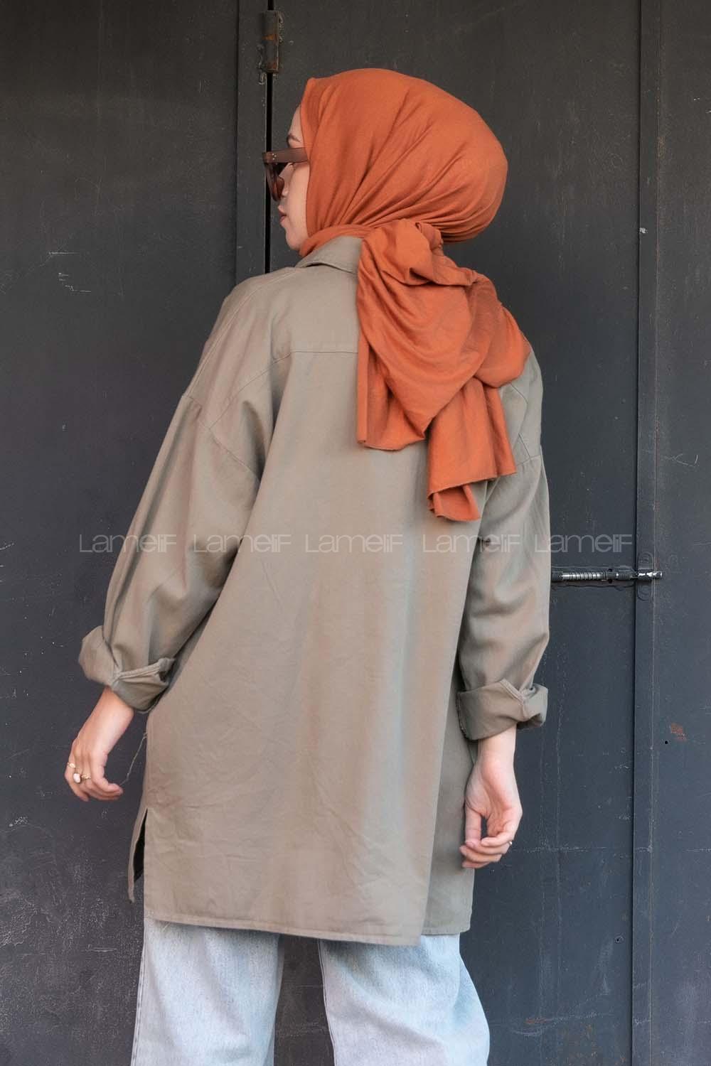 Modalamelif Önü Düğmeli Kapak Cepli Gabardin Gömlek Haki