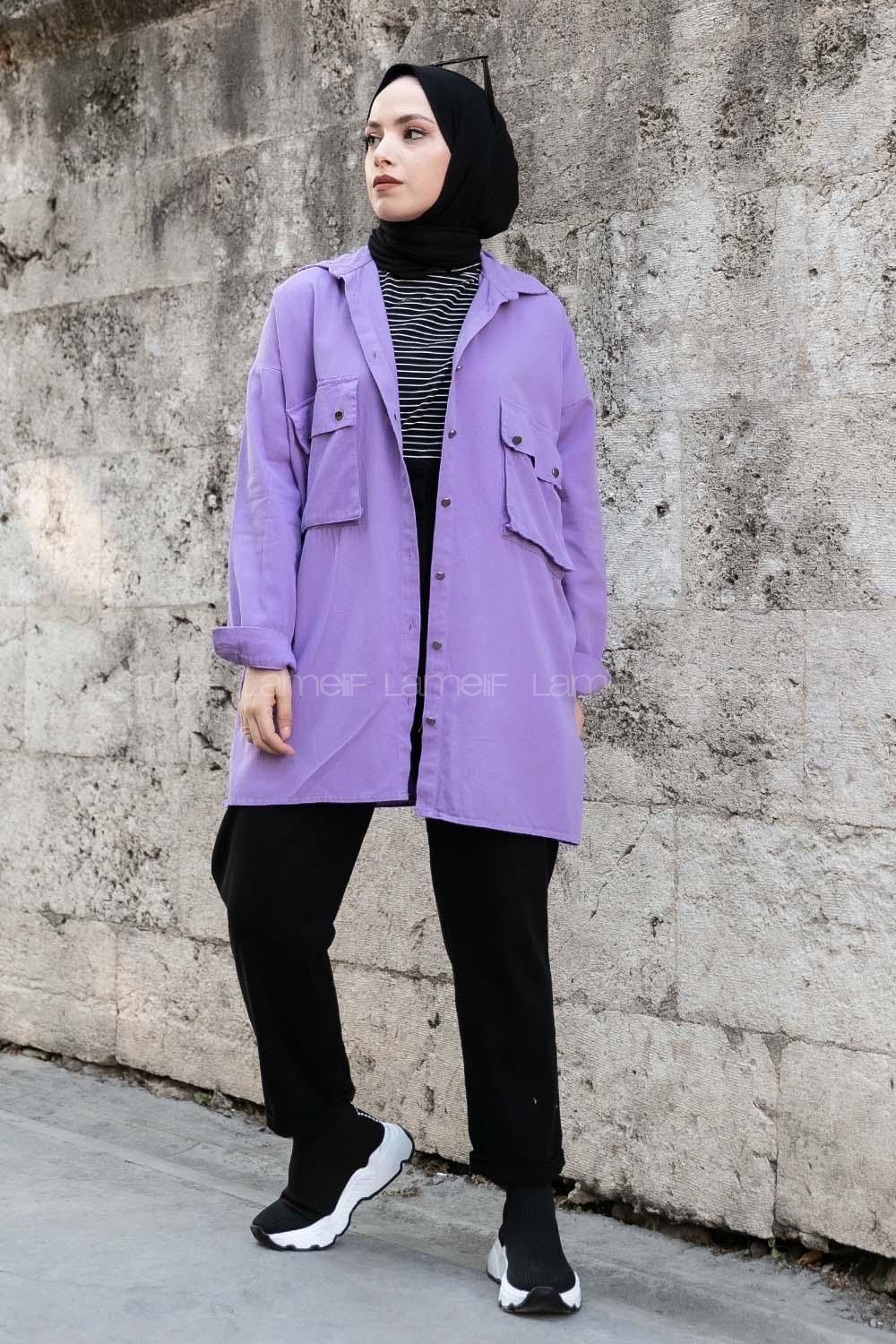 Modalamelif Önü Düğmeli Kapak Cepli Gabardin Gömlek Lila