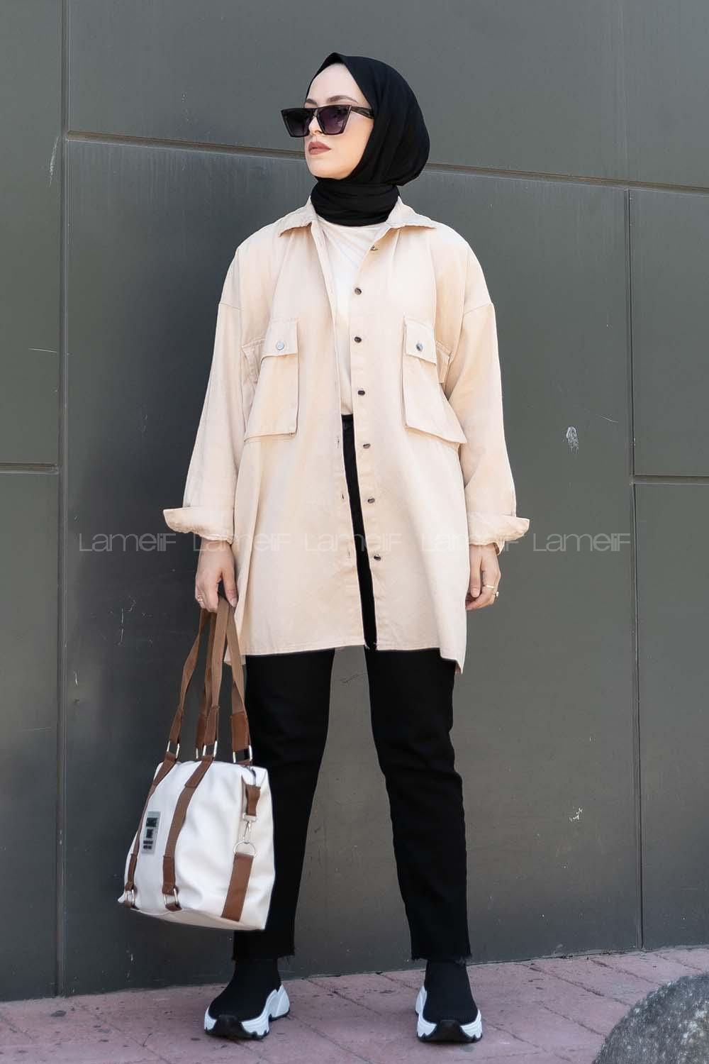 Modalamelif Önü Düğmeli Kapak Cepli Gabardin Gömlek Taş