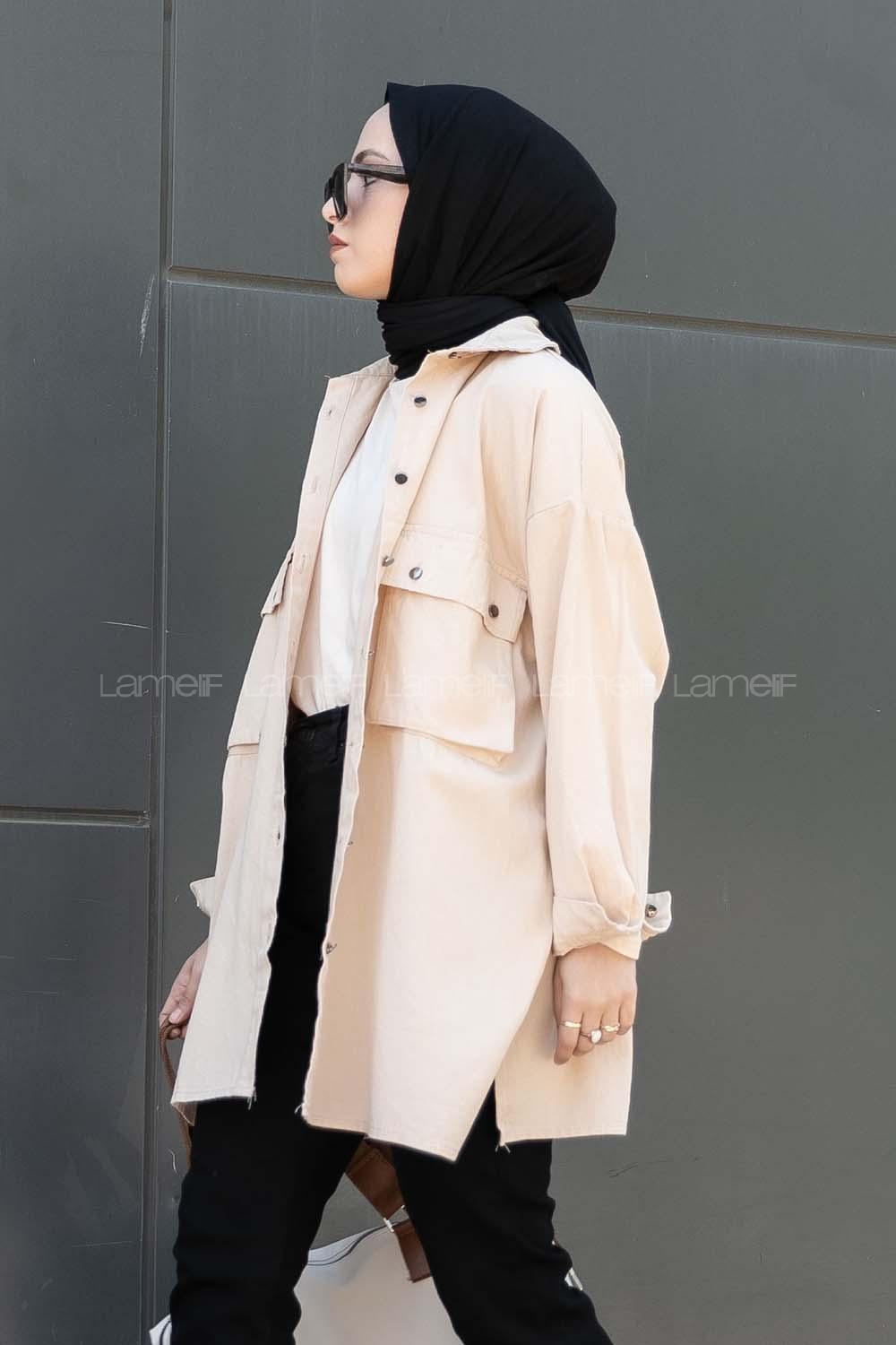 Modalamelif Önü Düğmeli Kapak Cepli Gabardin Gömlek Taş