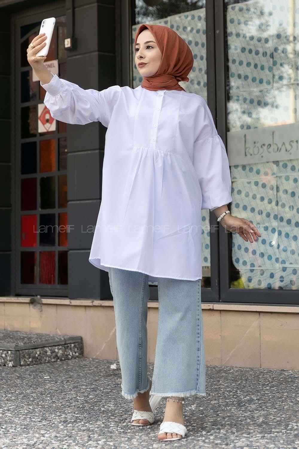 Modalamelif Önü Yarım Düğmeli Pile Detaylı Tunik Beyaz