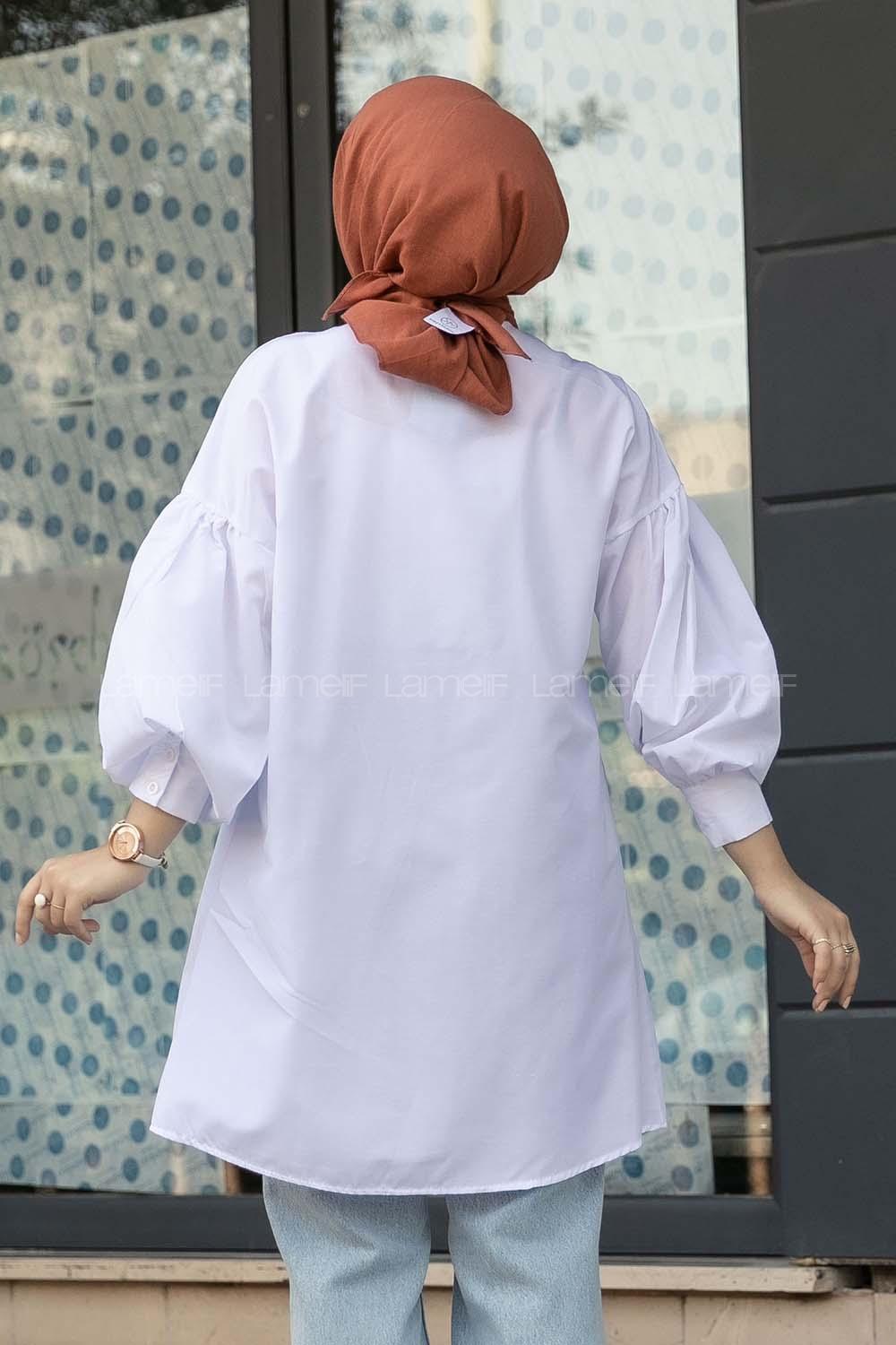 Modalamelif Önü Yarım Düğmeli Pile Detaylı Tunik Beyaz