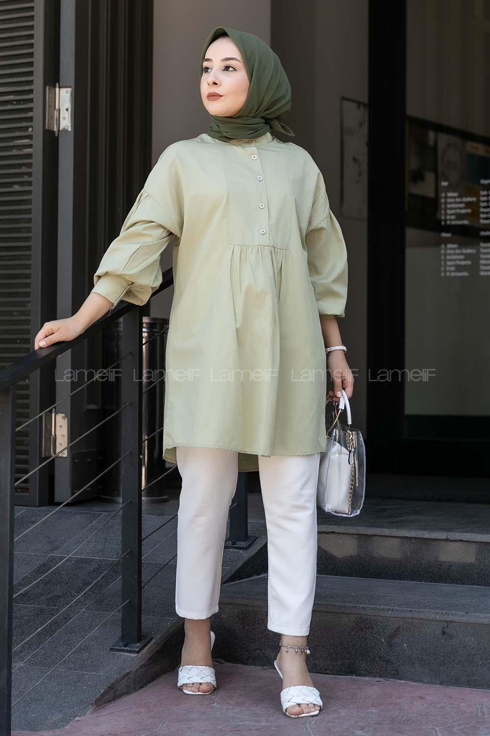 Modalamelif Önü Yarım Düğmeli Pile Detaylı Tunik Çağla Yeşili