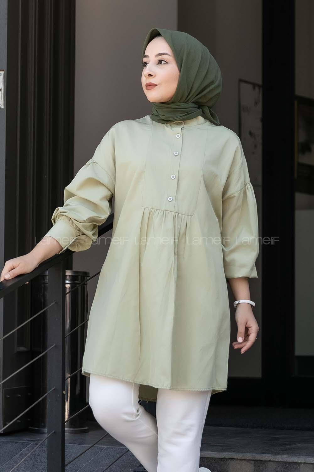 Modalamelif Önü Yarım Düğmeli Pile Detaylı Tunik Çağla Yeşili