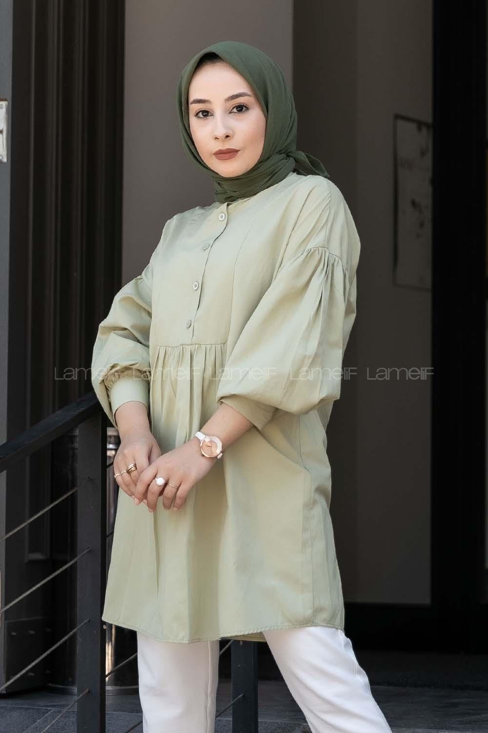 Modalamelif Önü Yarım Düğmeli Pile Detaylı Tunik Çağla Yeşili