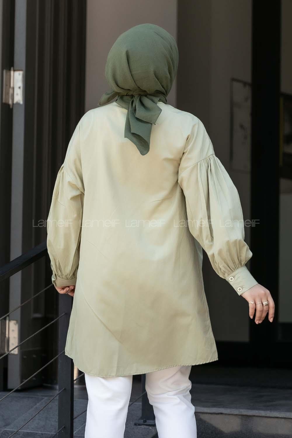 Modalamelif Önü Yarım Düğmeli Pile Detaylı Tunik Çağla Yeşili