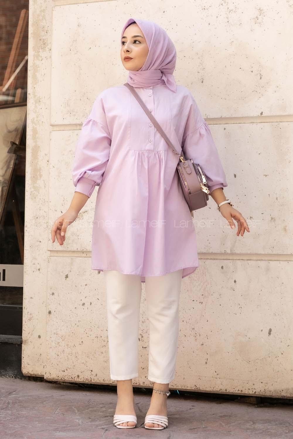 Modalamelif Önü Yarım Düğmeli Pile Detaylı Tunik Lila