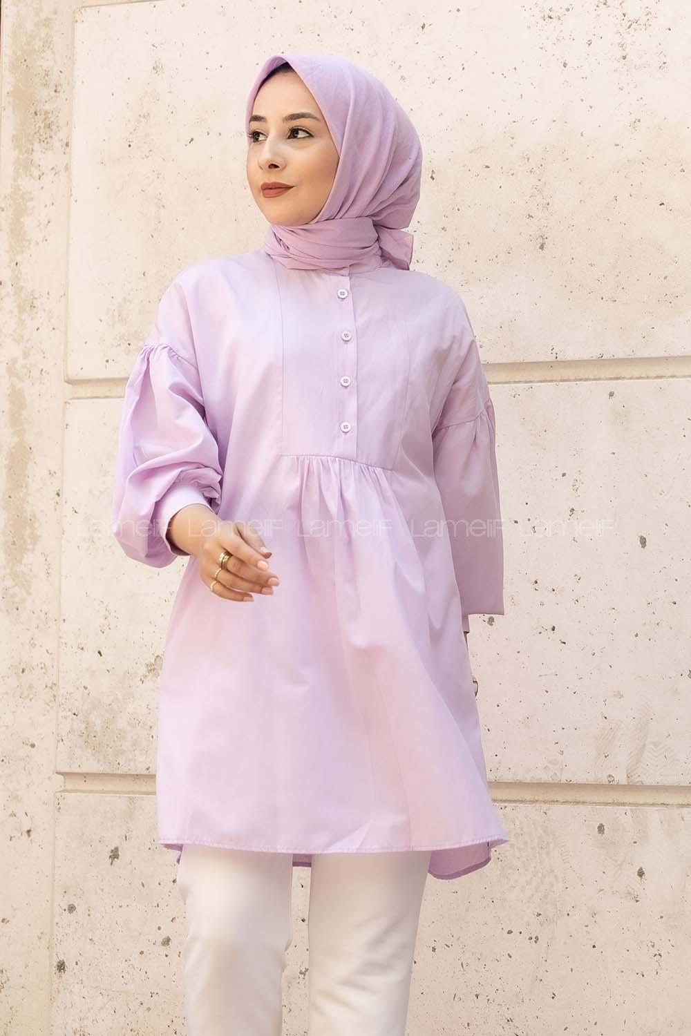 Modalamelif Önü Yarım Düğmeli Pile Detaylı Tunik Lila