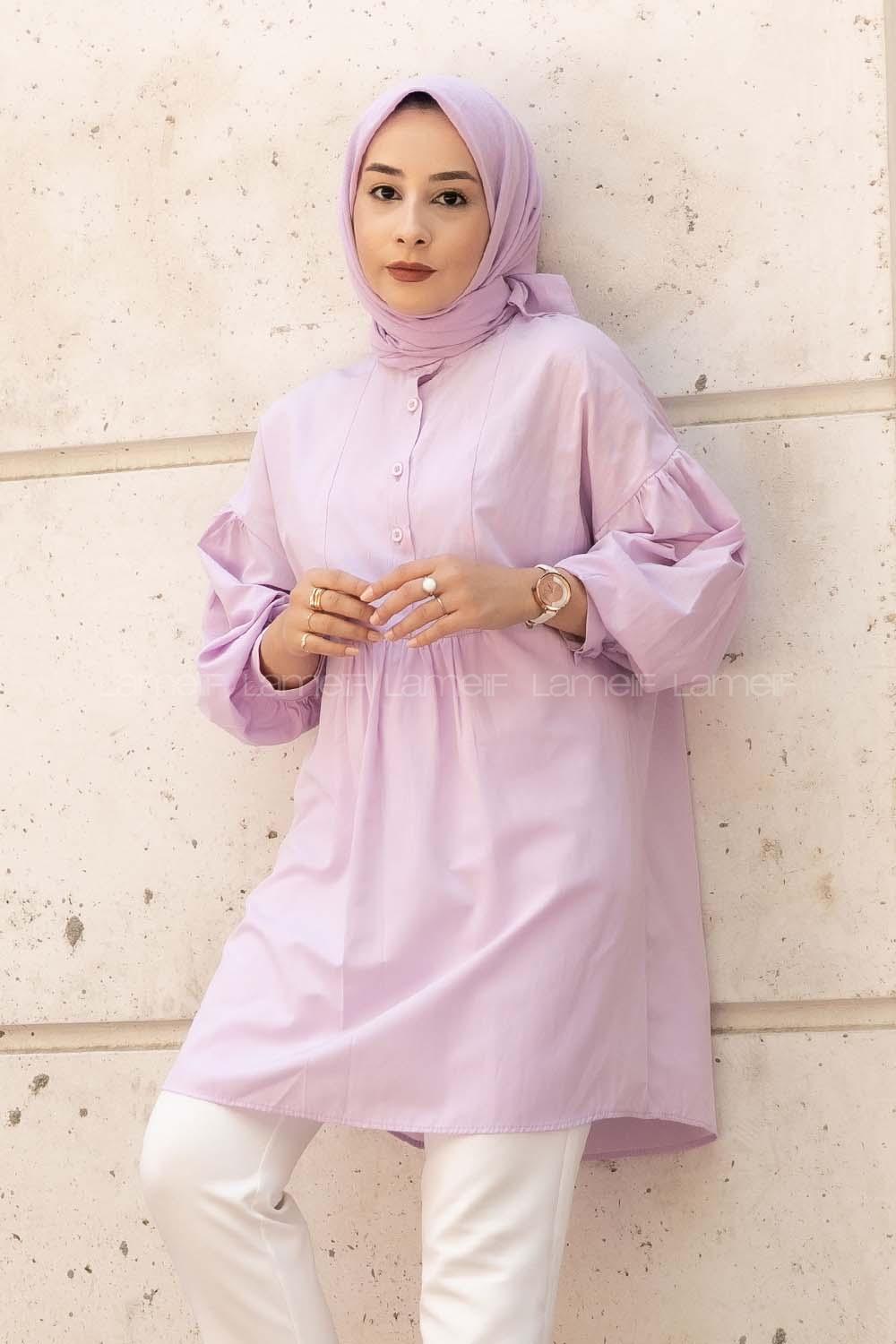 Modalamelif Önü Yarım Düğmeli Pile Detaylı Tunik Lila