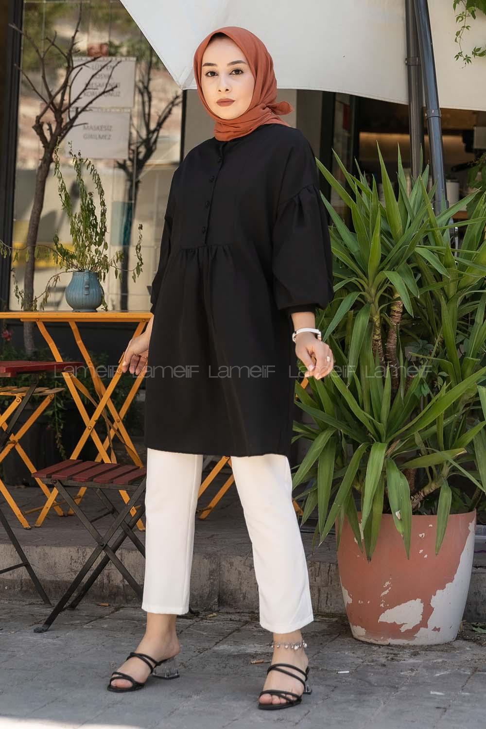 Modalamelif Önü Yarım Düğmeli Pile Detaylı Tunik Siyah