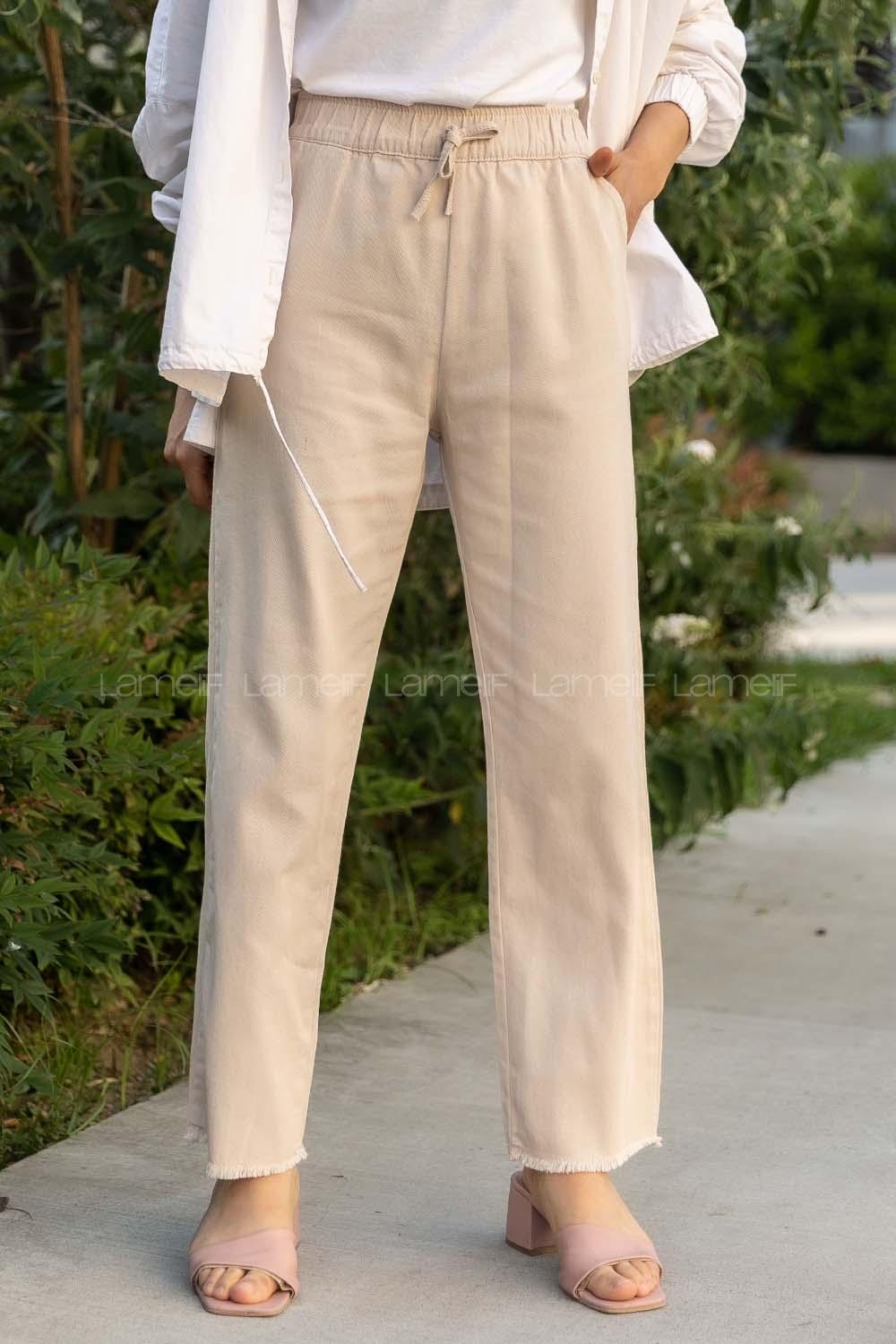 Modalamelif Beli Lastikli Paçası Püsküllü Salaş Pantolon Krem