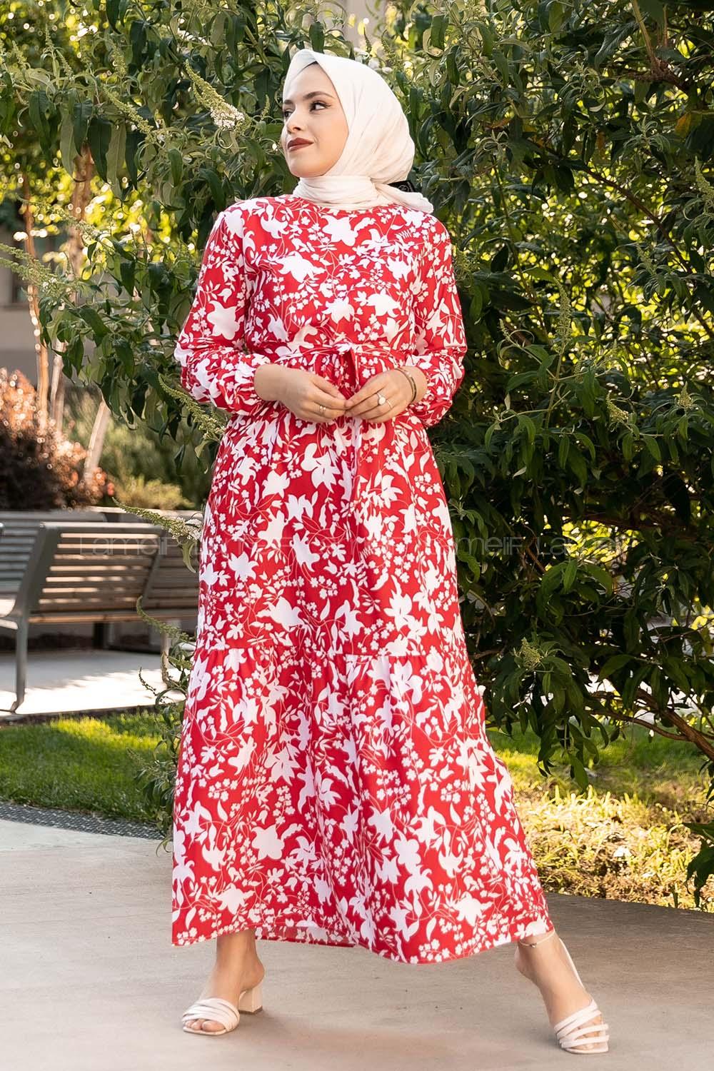 Modalamelif Bisiklet Yaka Beli Kuşaklı Elbise Kırmızı