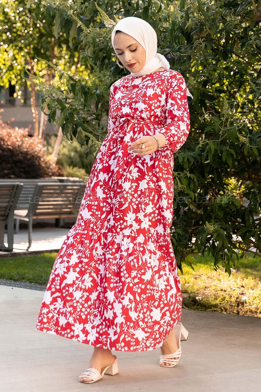 Modalamelif Bisiklet Yaka Beli Kuşaklı Elbise Kırmızı