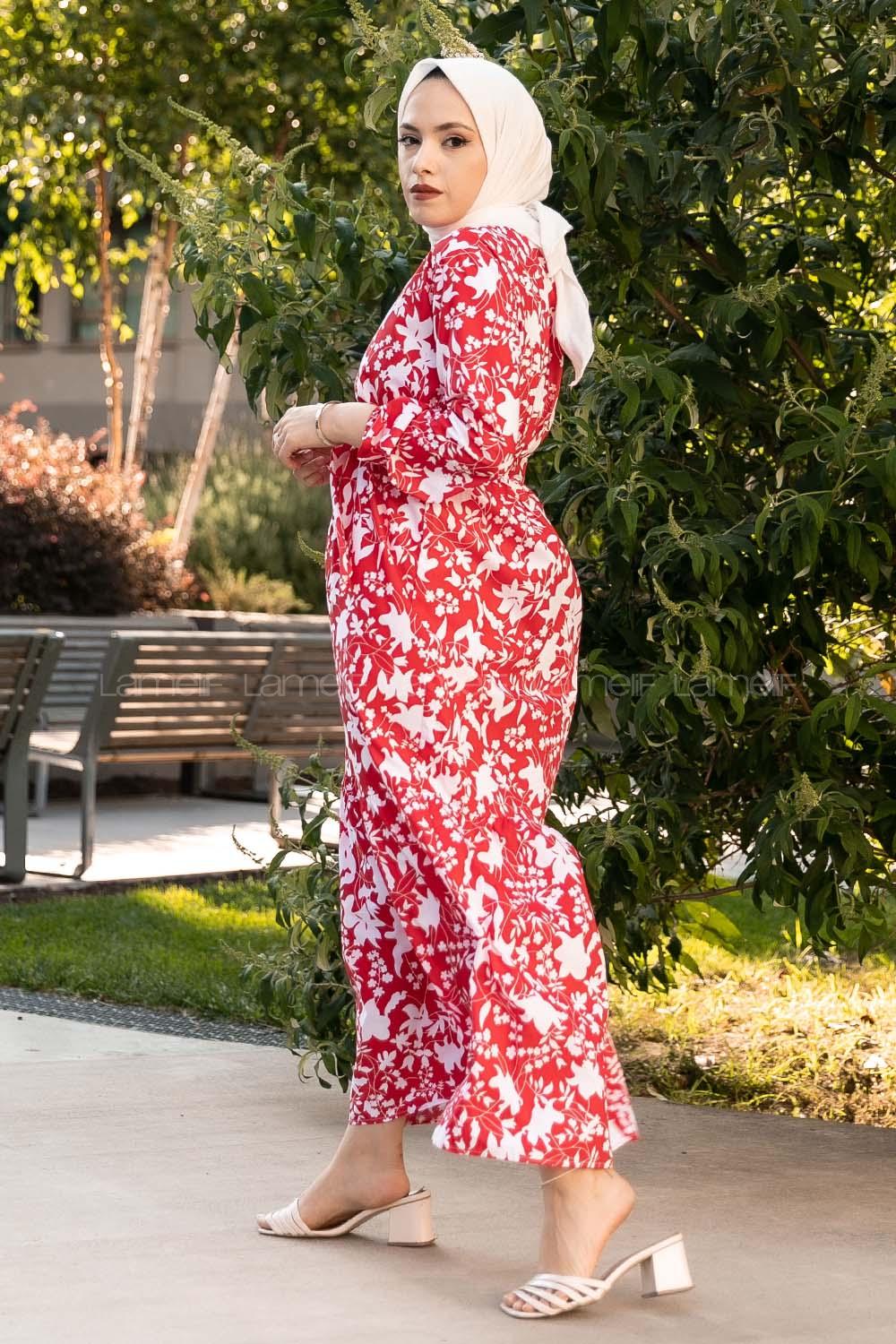 Modalamelif Bisiklet Yaka Beli Kuşaklı Elbise Kırmızı