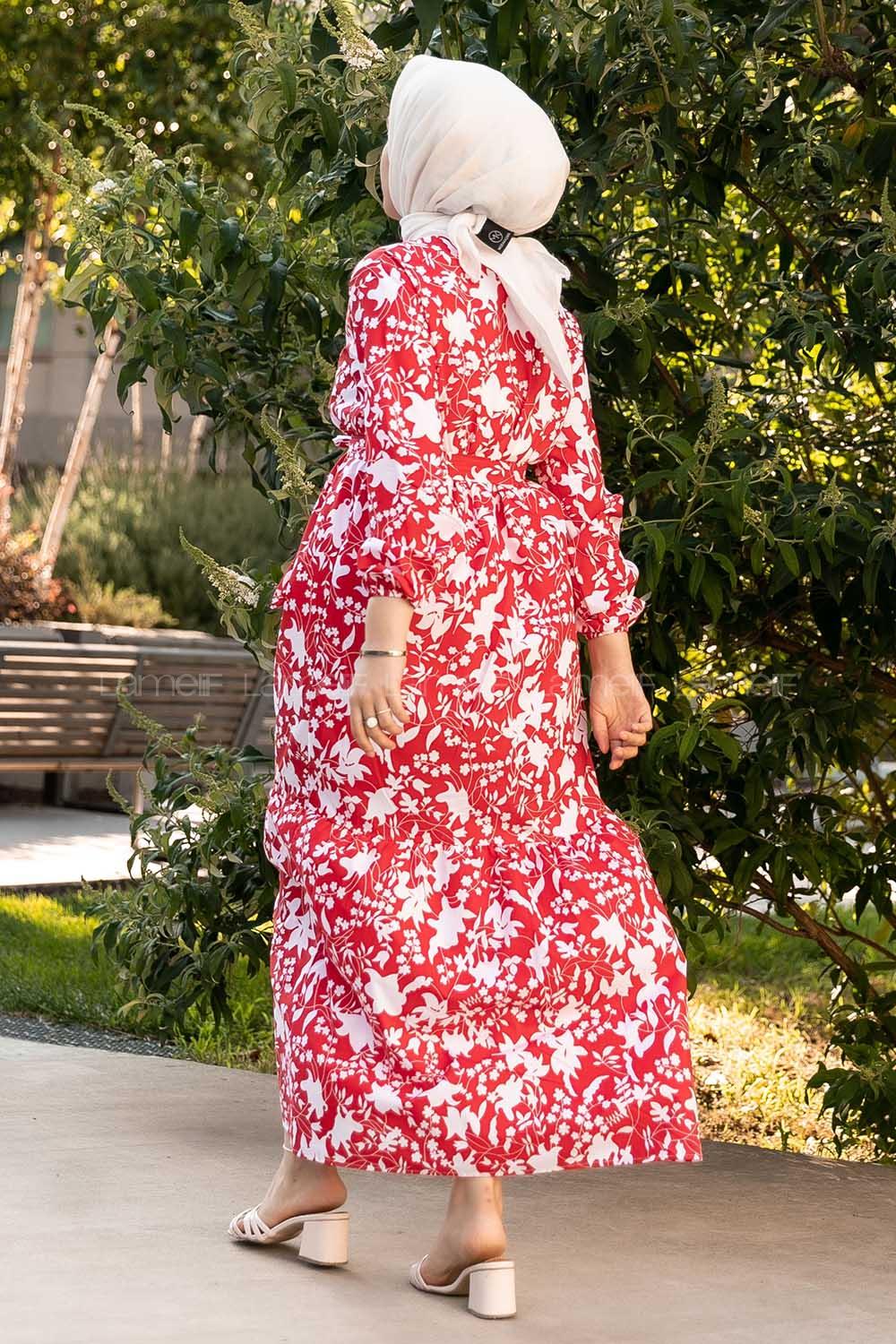 Modalamelif Bisiklet Yaka Beli Kuşaklı Elbise Kırmızı