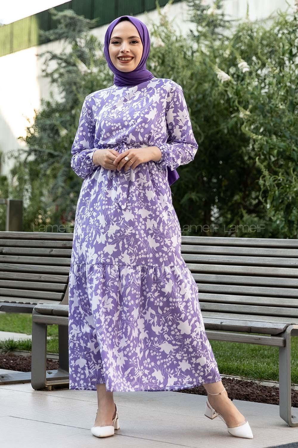 Modalamelif Bisiklet Yaka Beli Kuşaklı Elbise Lila