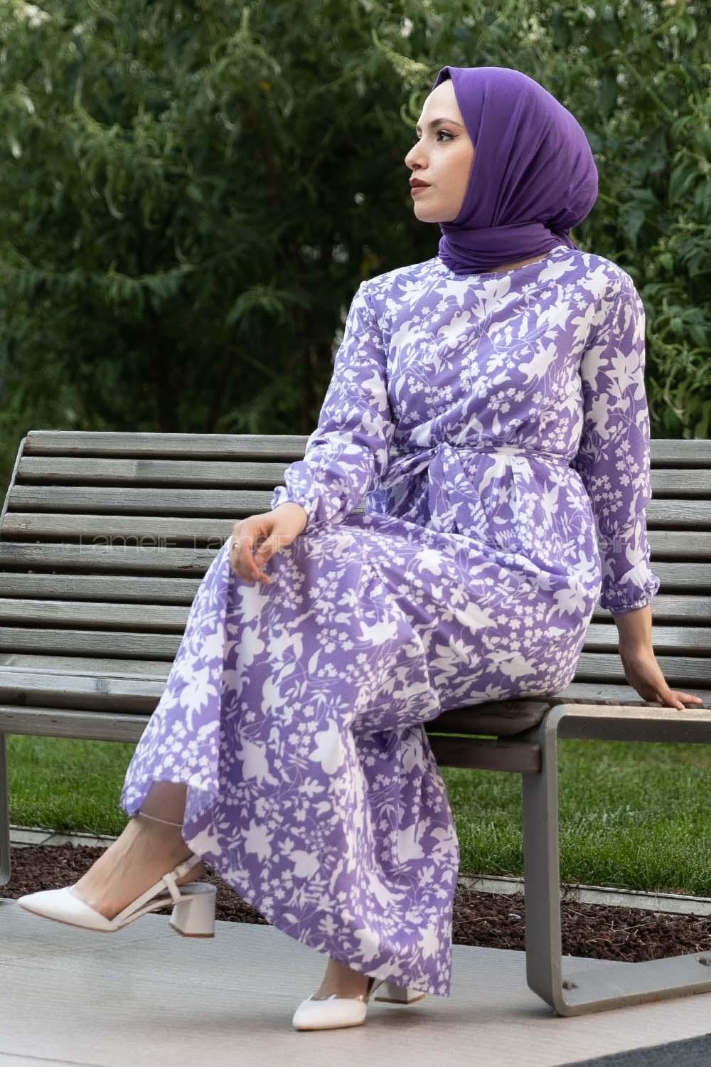 Modalamelif Bisiklet Yaka Beli Kuşaklı Elbise Lila