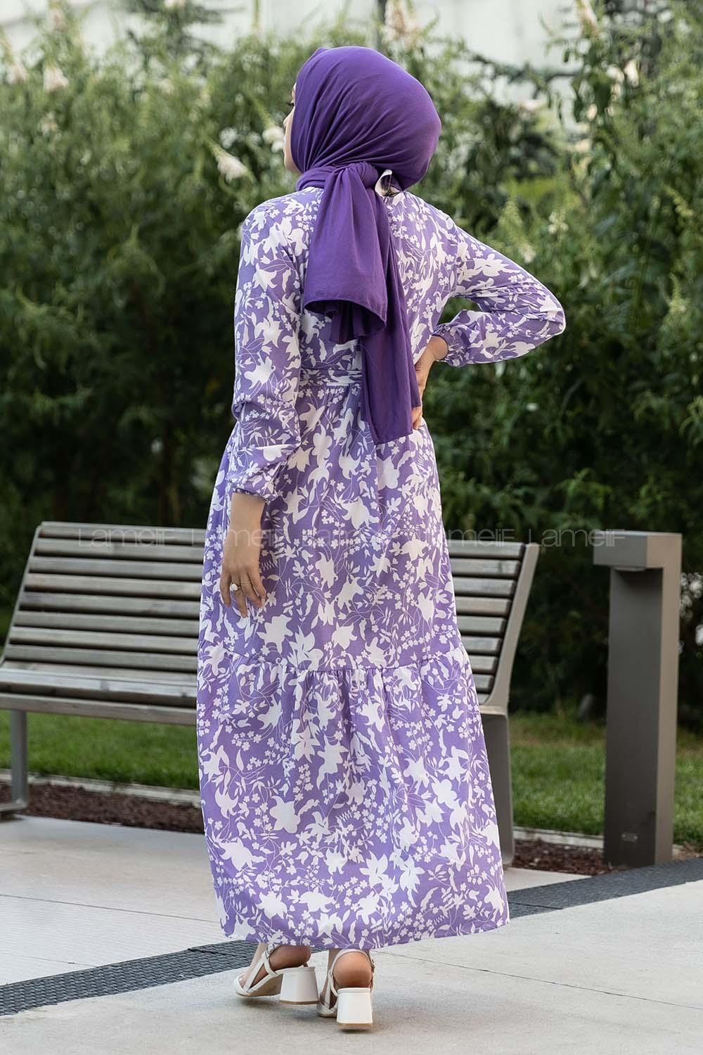 Modalamelif Bisiklet Yaka Beli Kuşaklı Elbise Lila