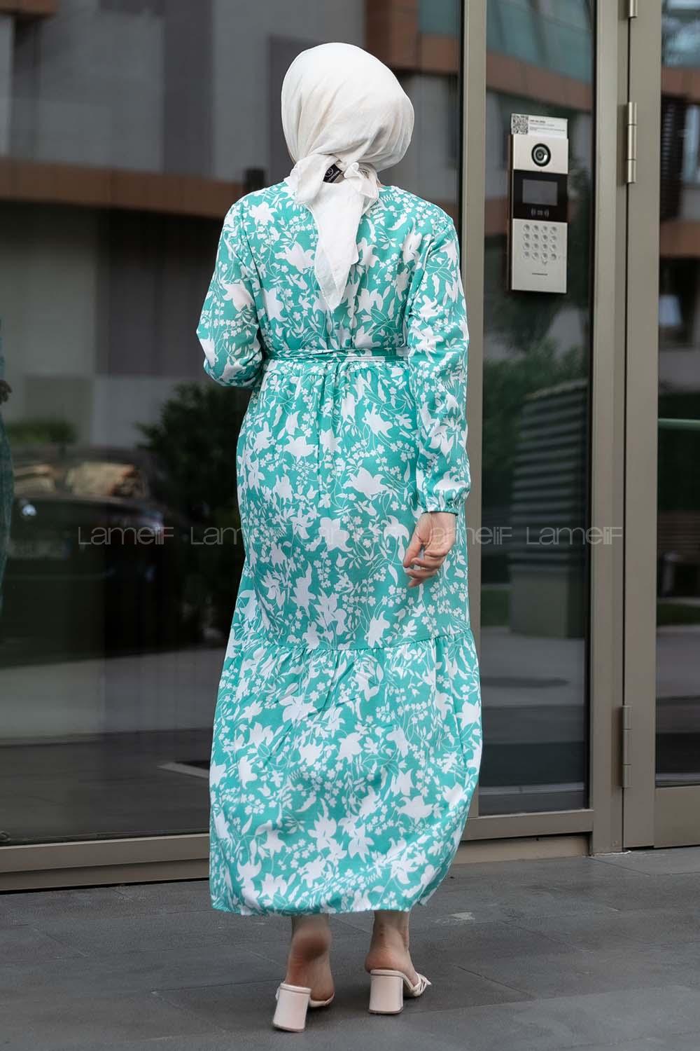 Modalamelif Bisiklet Yaka Beli Kuşaklı Elbise Su Yeşili