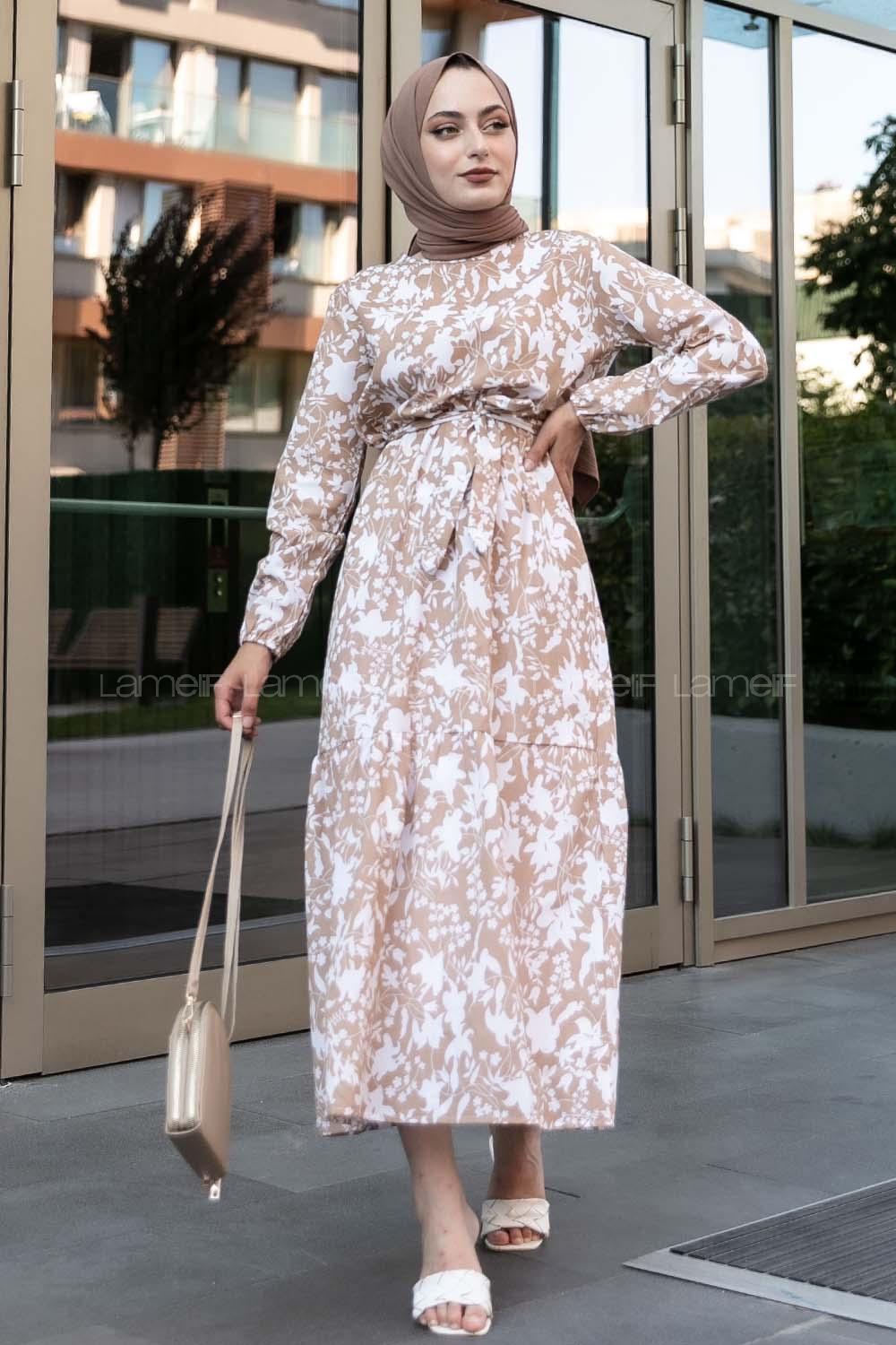 Modalamelif Bisiklet Yaka Beli Kuşaklı Elbise Sütlü Kahve