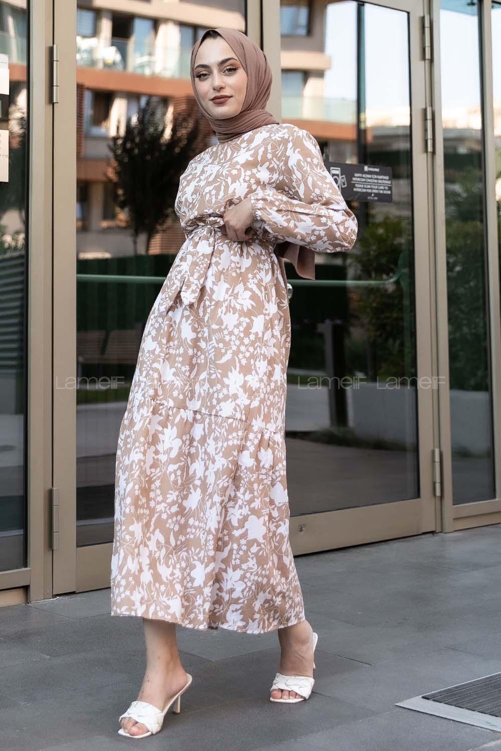 Modalamelif Bisiklet Yaka Beli Kuşaklı Elbise Sütlü Kahve