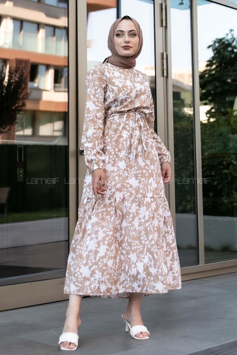 Modalamelif Bisiklet Yaka Beli Kuşaklı Elbise Sütlü Kahve