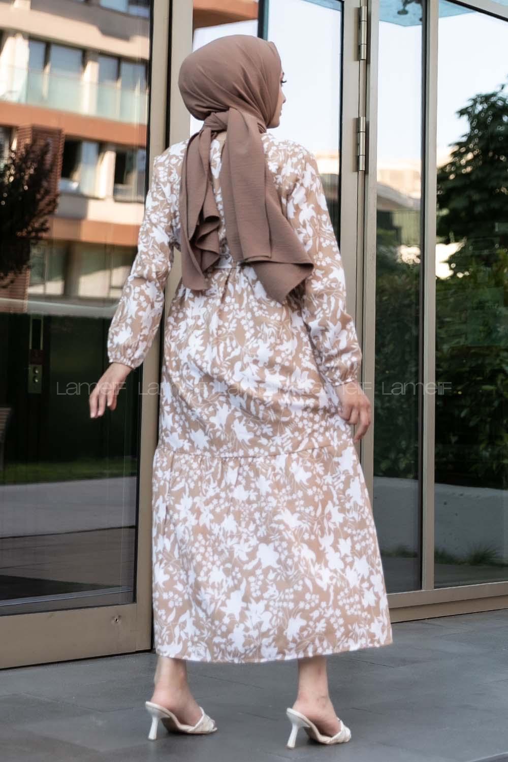 Modalamelif Bisiklet Yaka Beli Kuşaklı Elbise Sütlü Kahve