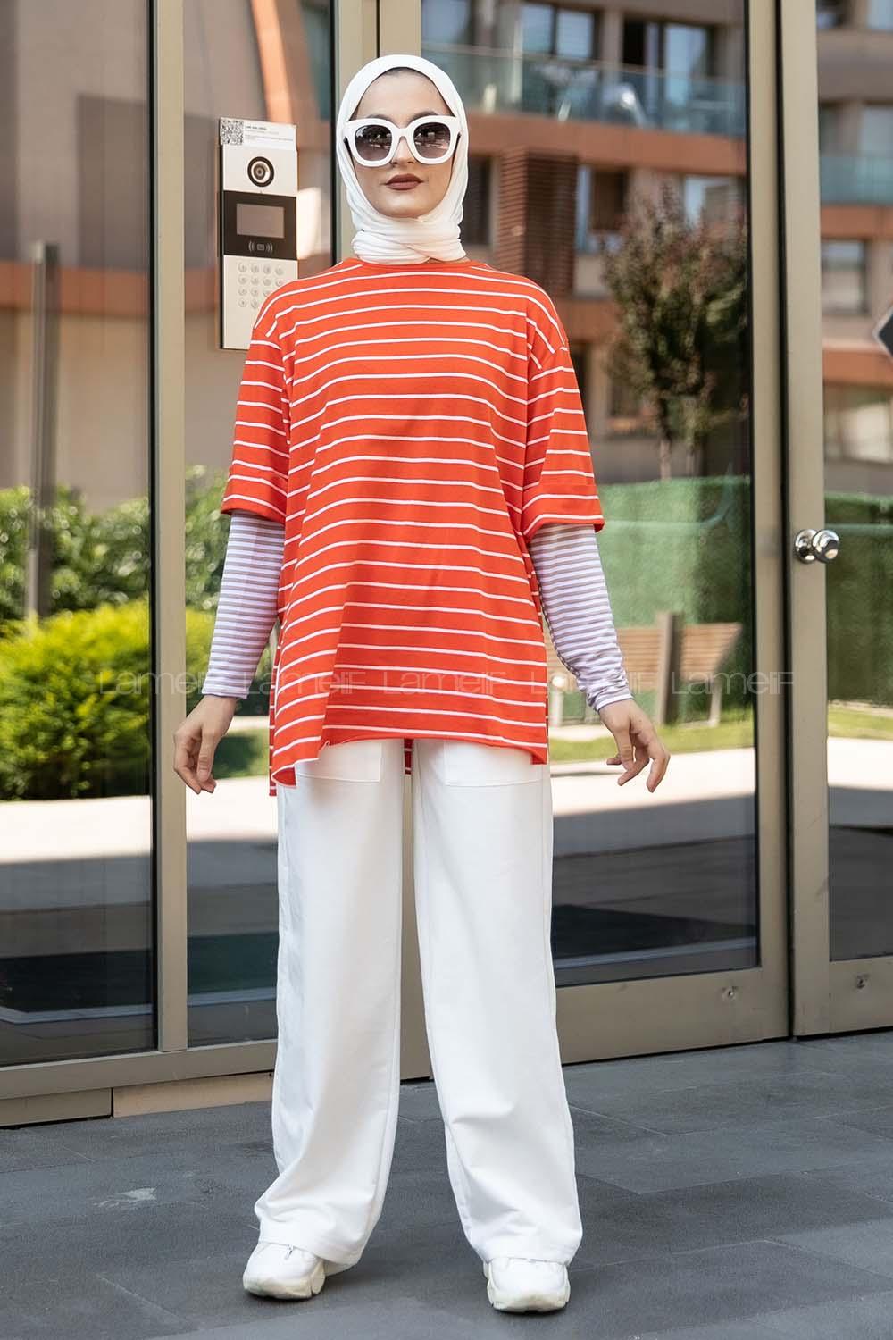 Modalamelif Bisiklet Yaka Çizgili Salaş T-Shirt Oranj