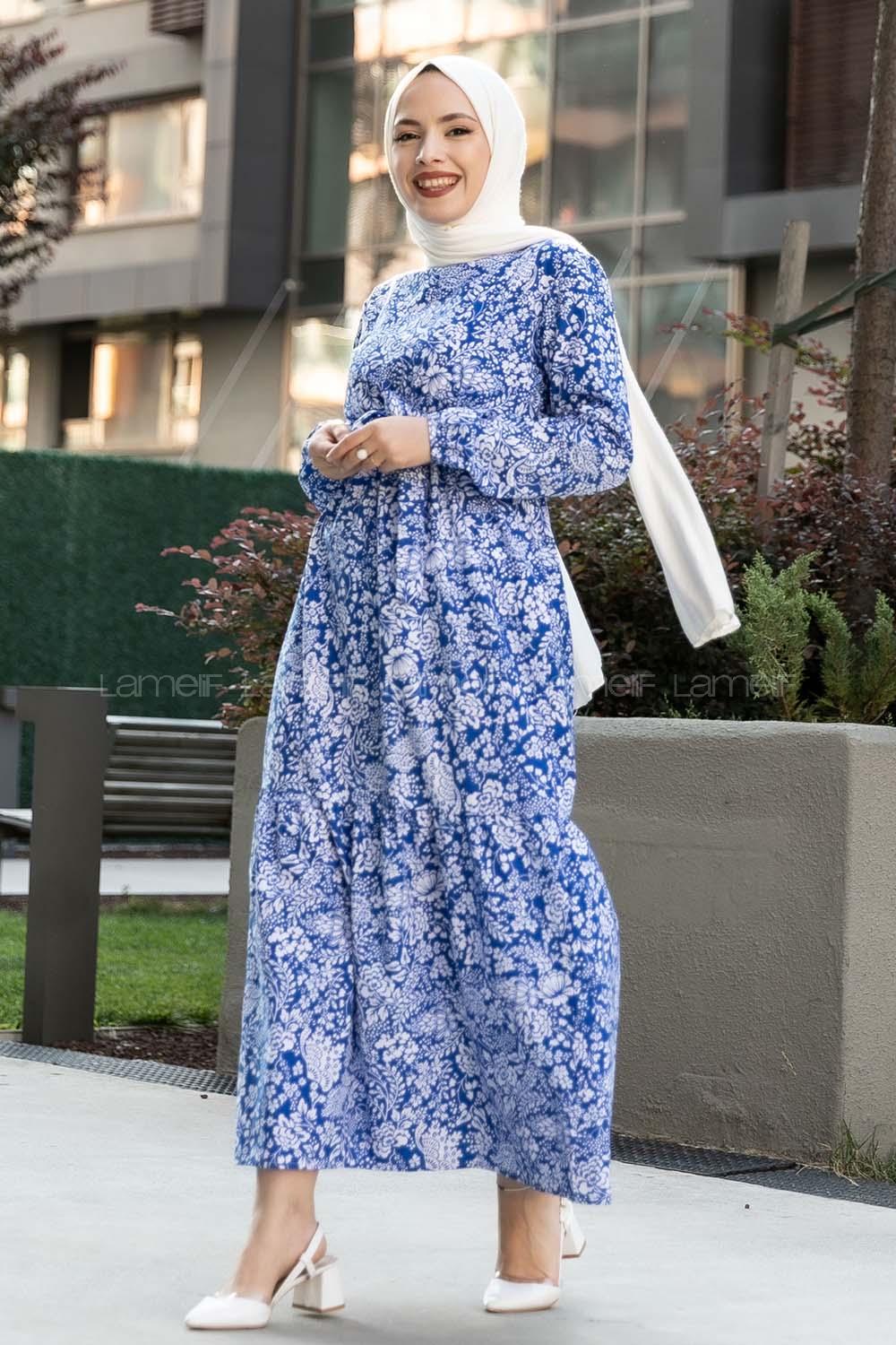 Modalamelif Çiçek Motifli Kuşak Bağlamalı Elbise İndigo