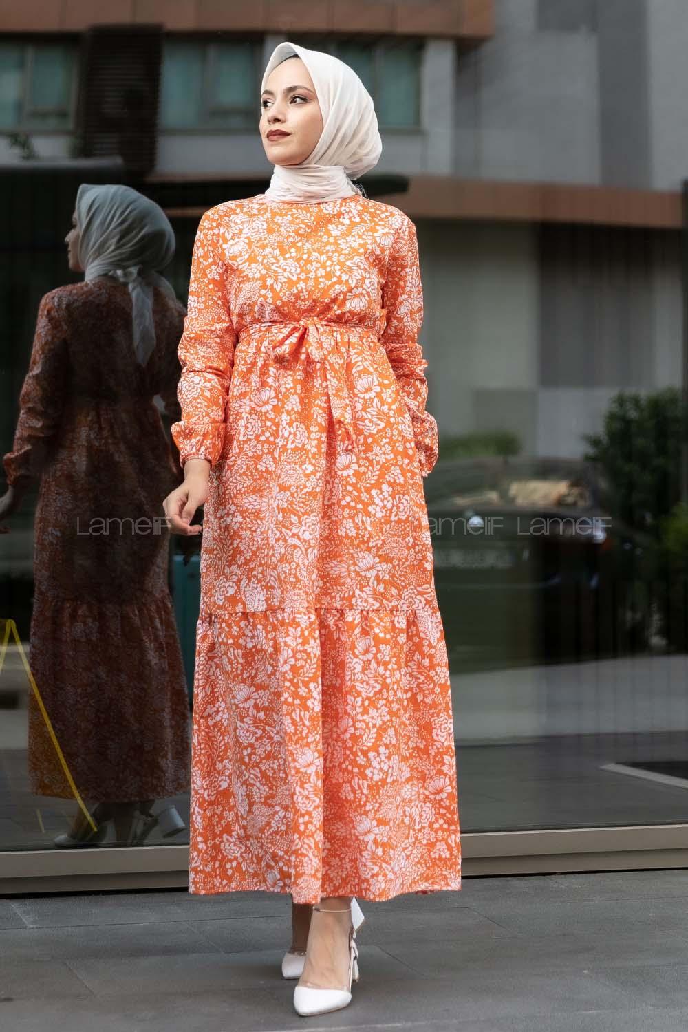 Modalamelif Çiçek Motifli Kuşak Bağlamalı Elbise Oranj
