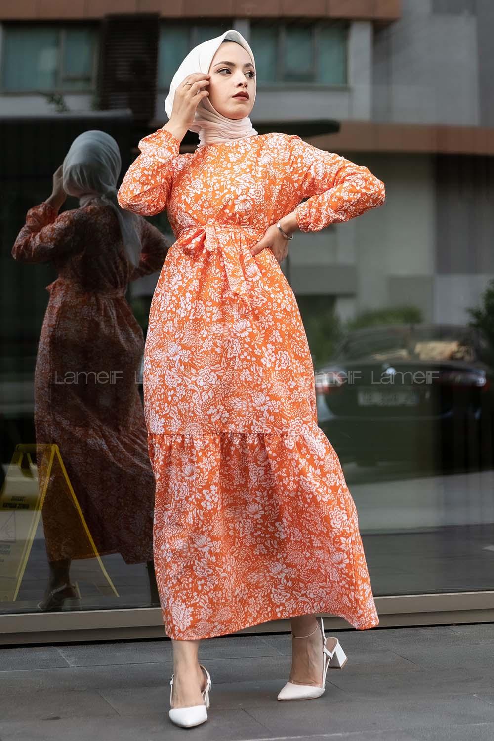 Modalamelif Çiçek Motifli Kuşak Bağlamalı Elbise Oranj