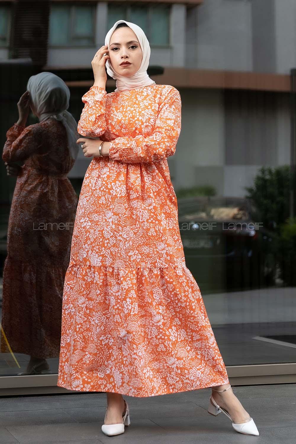 Modalamelif Çiçek Motifli Kuşak Bağlamalı Elbise Oranj