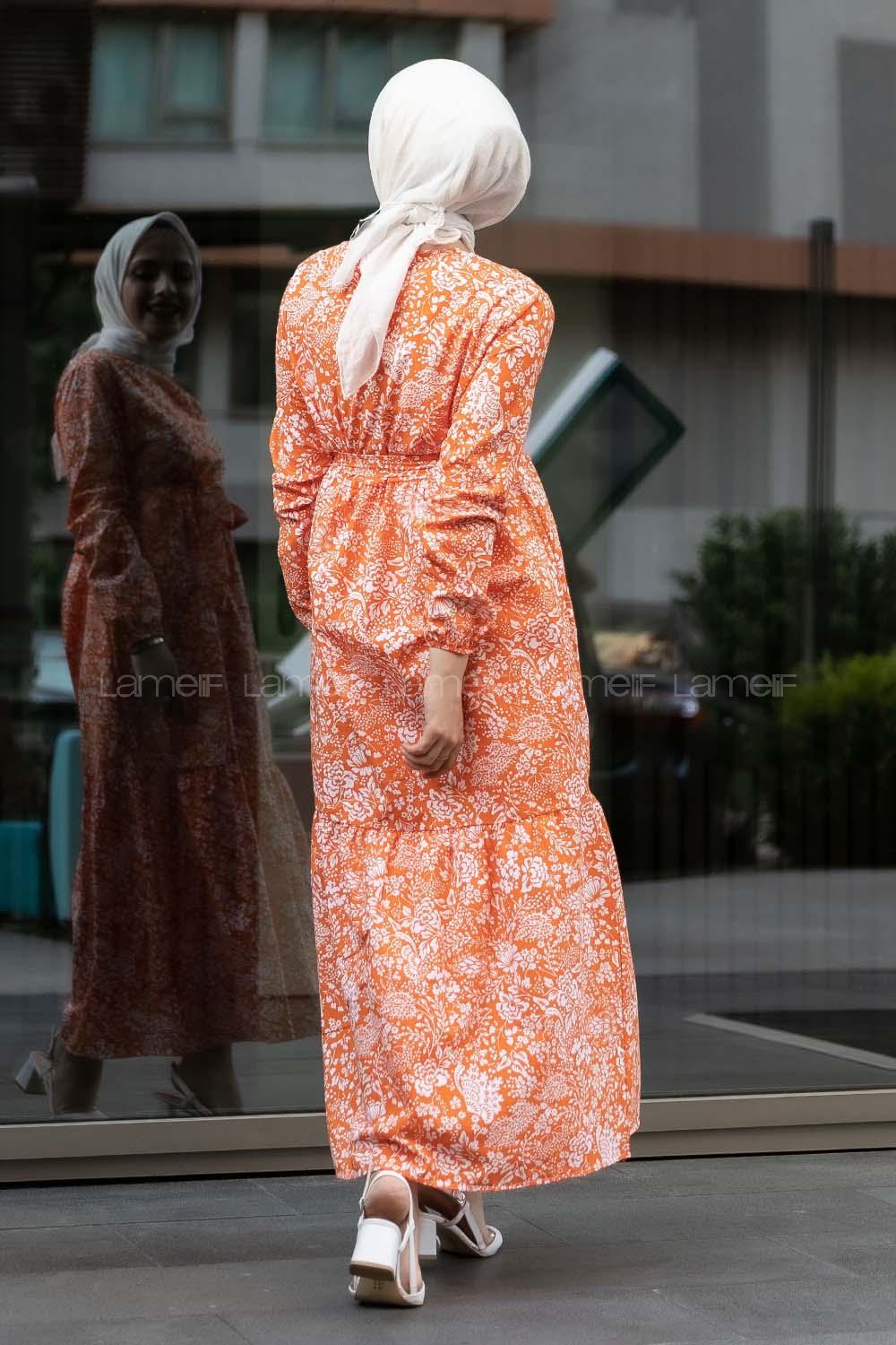 Modalamelif Çiçek Motifli Kuşak Bağlamalı Elbise Oranj