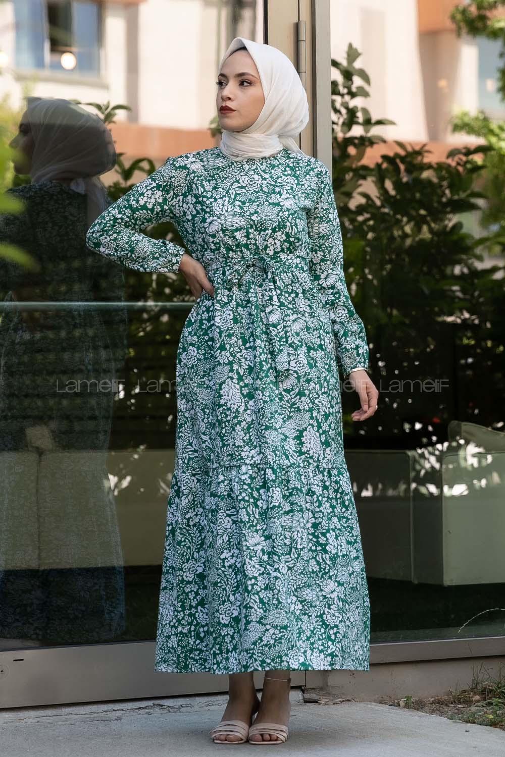 Modalamelif Çiçek Motifli Kuşak Bağlamalı Elbise Yeşil