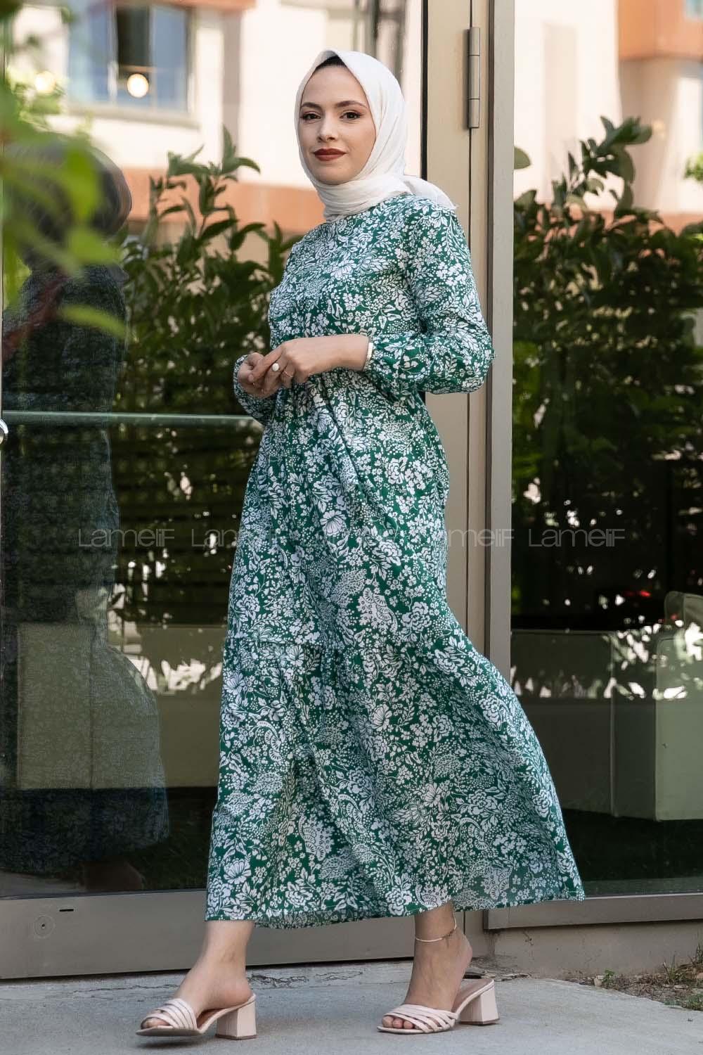 Modalamelif Çiçek Motifli Kuşak Bağlamalı Elbise Yeşil