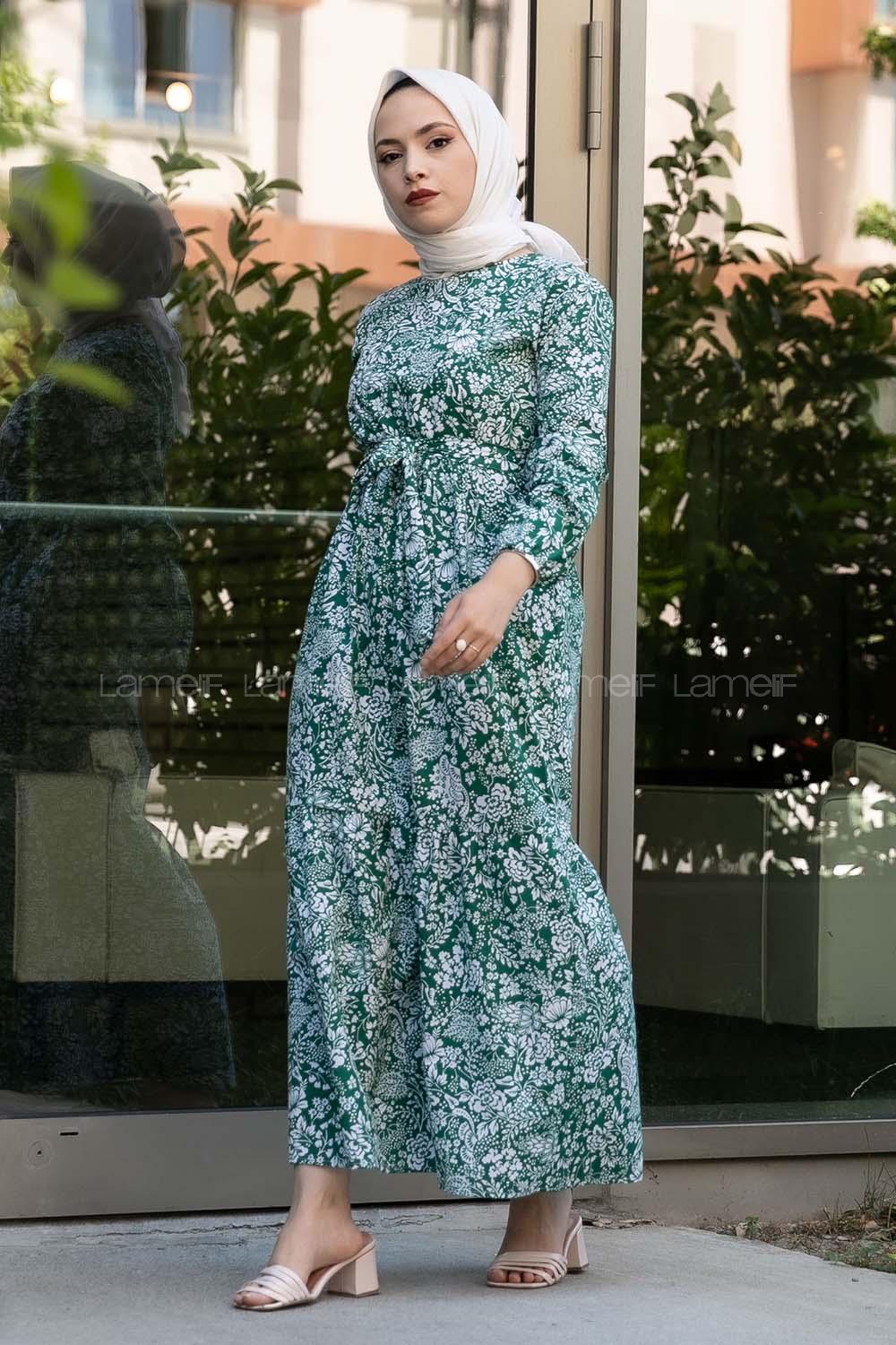 Modalamelif Çiçek Motifli Kuşak Bağlamalı Elbise Yeşil