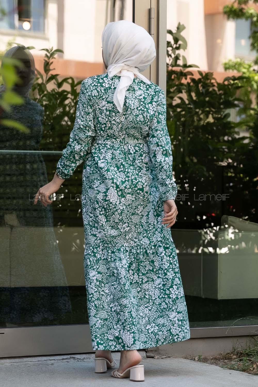 Modalamelif Çiçek Motifli Kuşak Bağlamalı Elbise Yeşil