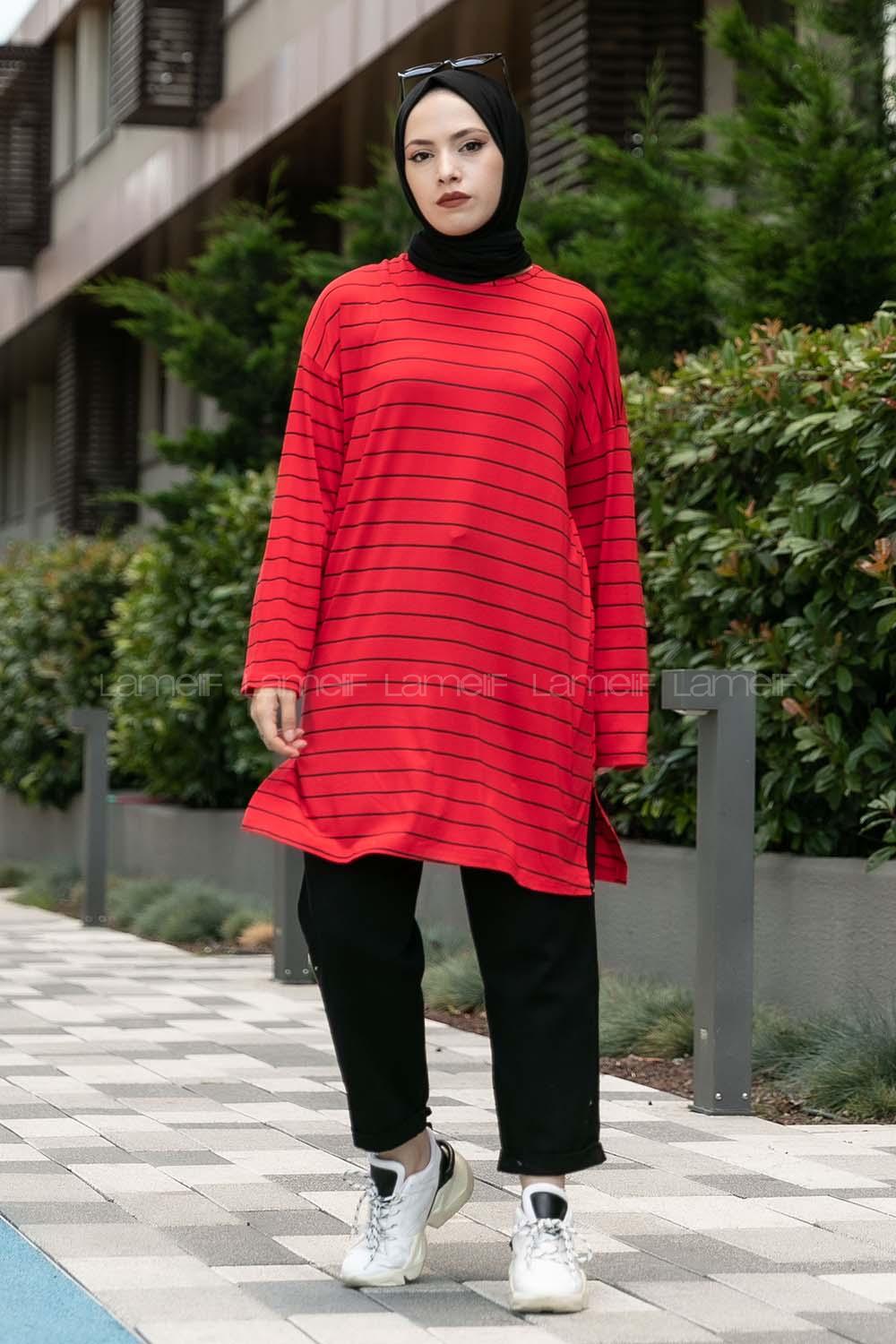 Modalamelif Çizgili Tunik Kırmızı