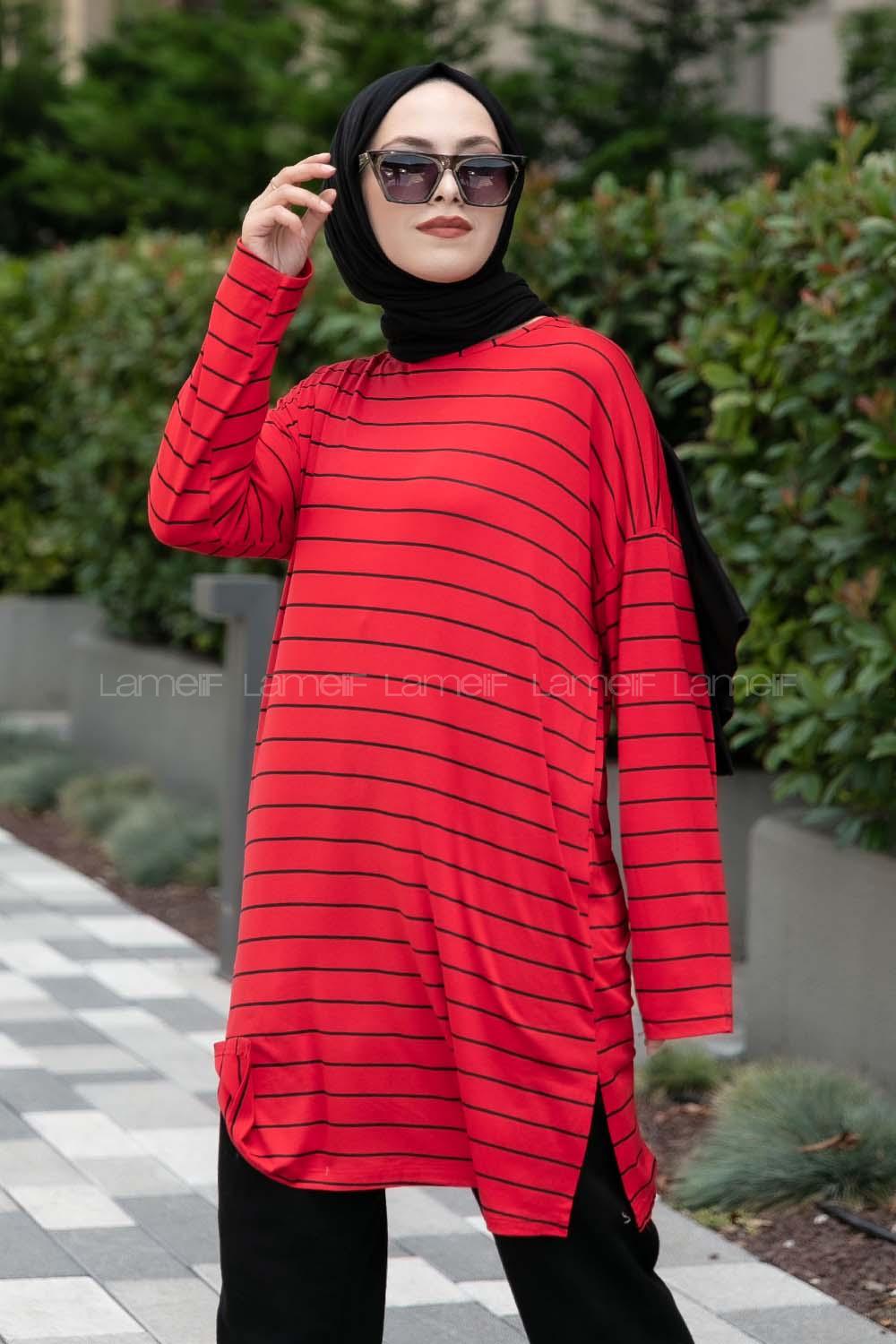 Modalamelif Çizgili Tunik Kırmızı