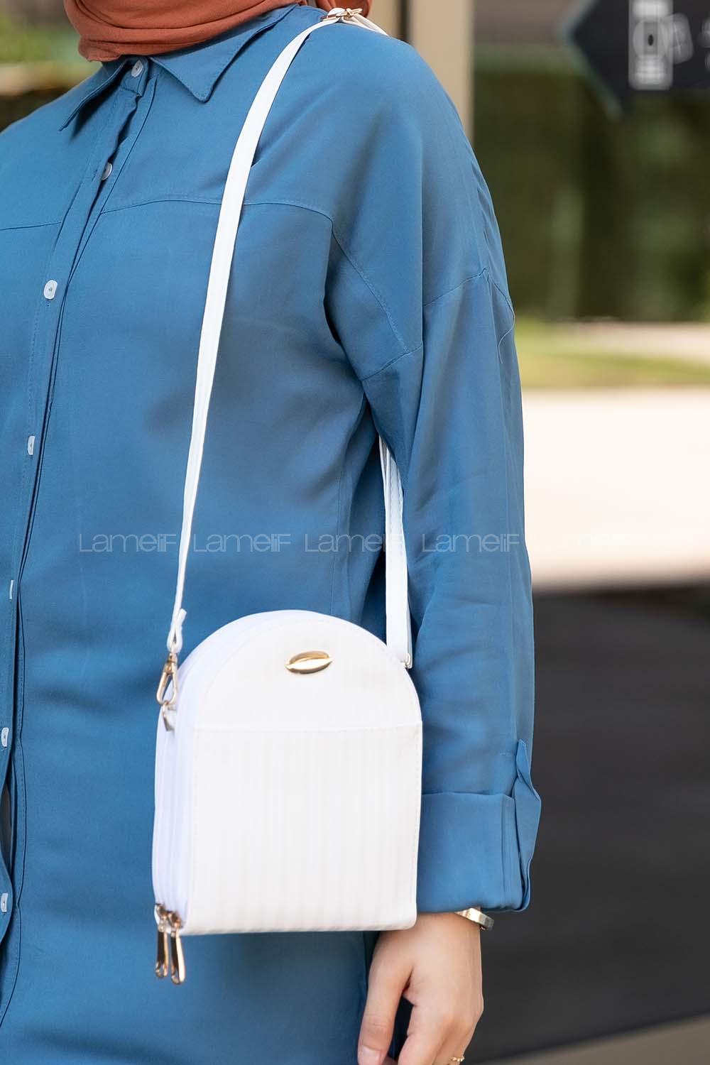 Modalamelif Çok Bölmeli Rose Cüzdan Çanta Çizgi Dokulu Beyaz