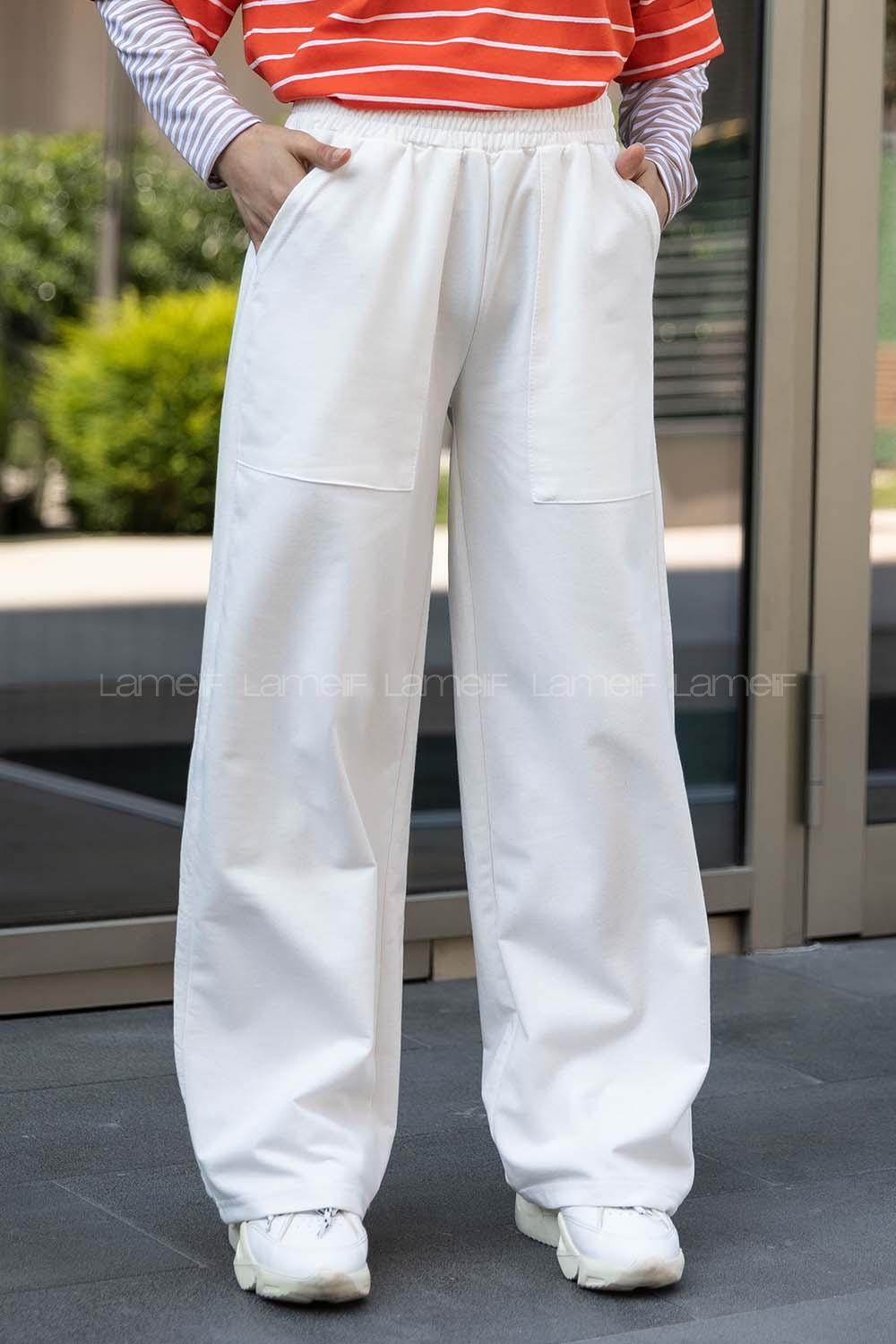 Modalamelif Düz Geniş Cepli Eşofman Altı Beyaz