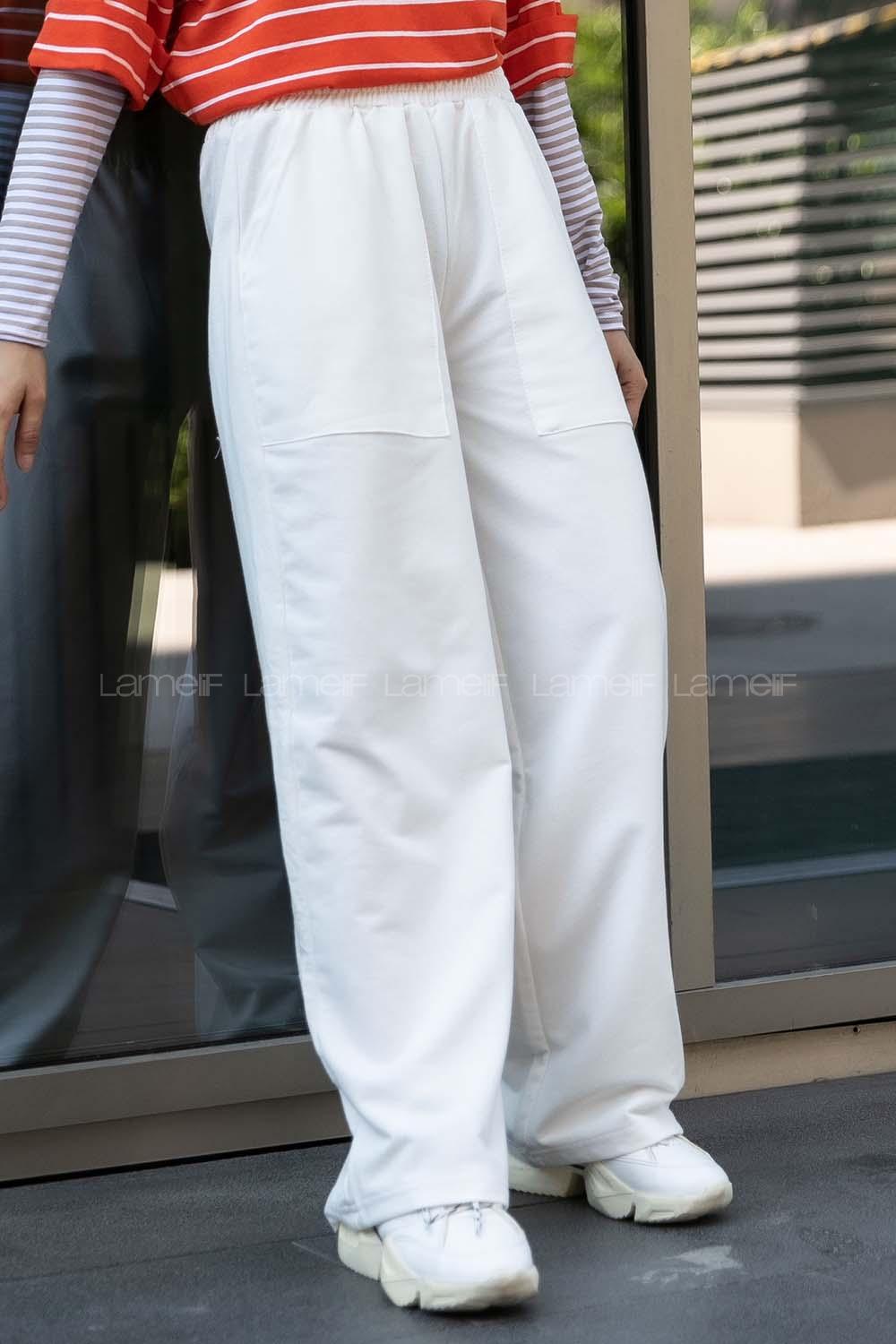 Modalamelif Düz Geniş Cepli Eşofman Altı Beyaz