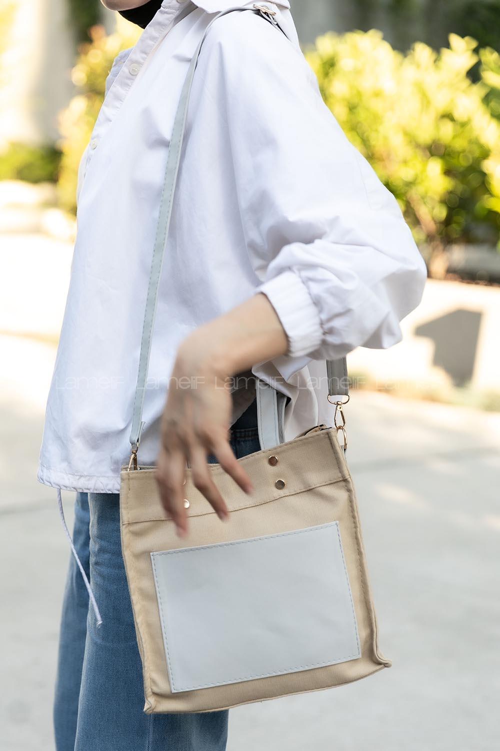 Modalamelif Kadın Garnili Organik Keten Kumaş Çapraz Çanta Pelly Bej Gri